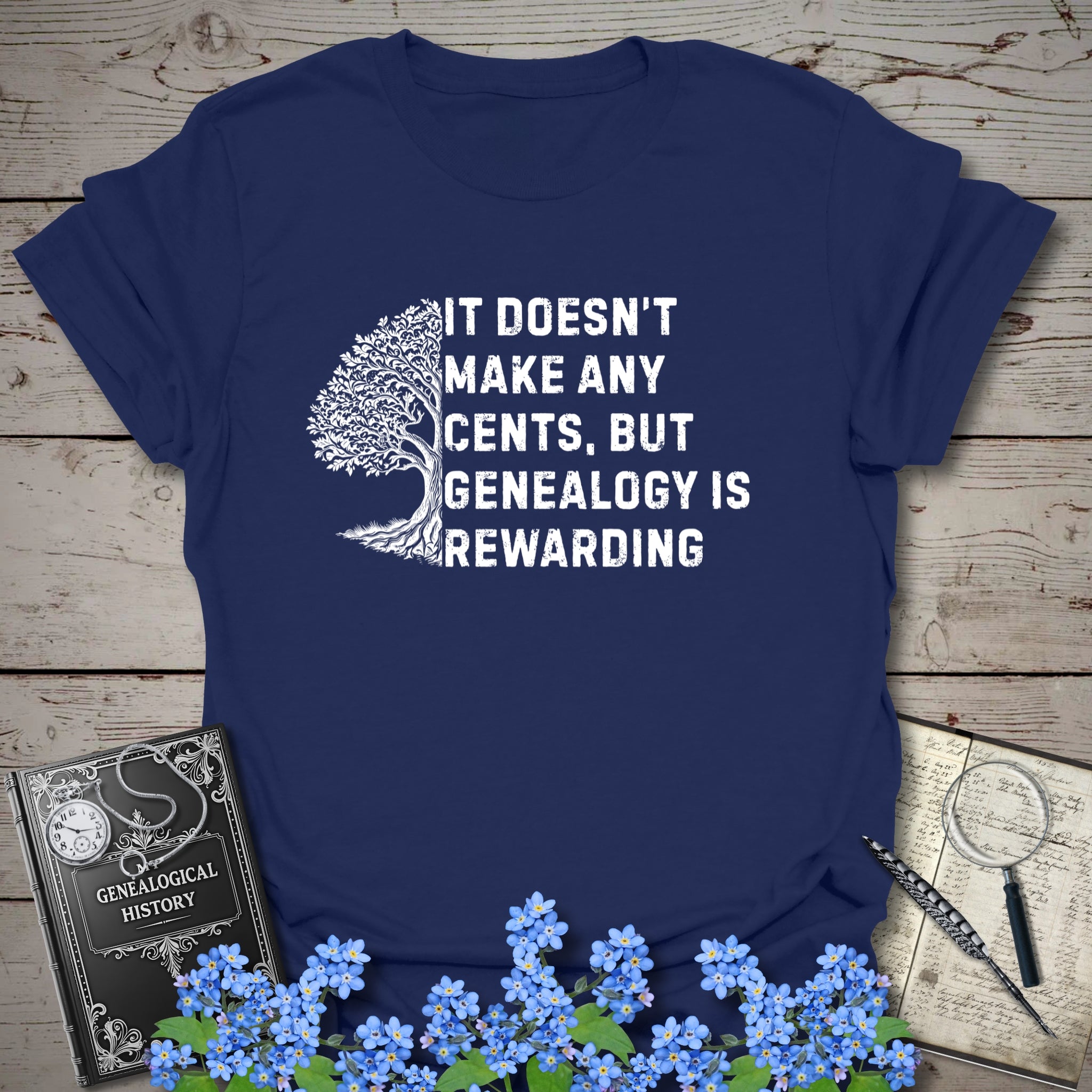 Genealogy Is Rewarding T-Shirt in Navy by Genealogy Keepsakes