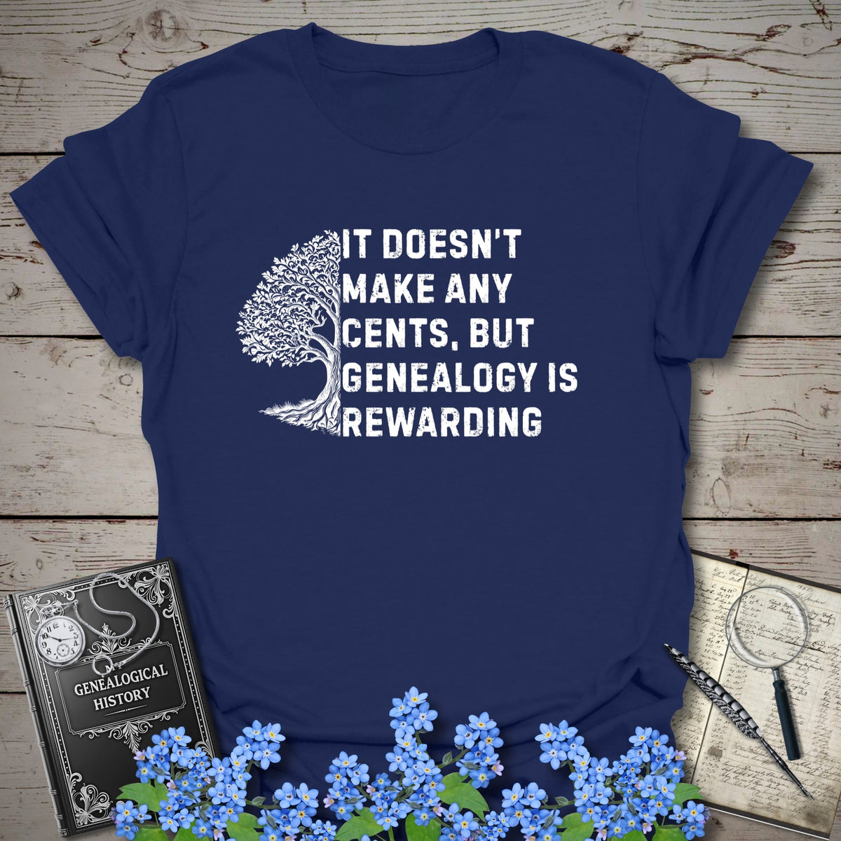 Genealogy Is Rewarding T-Shirt - Genealogy Keepsakes Custom Genealogy Gift - Navy S