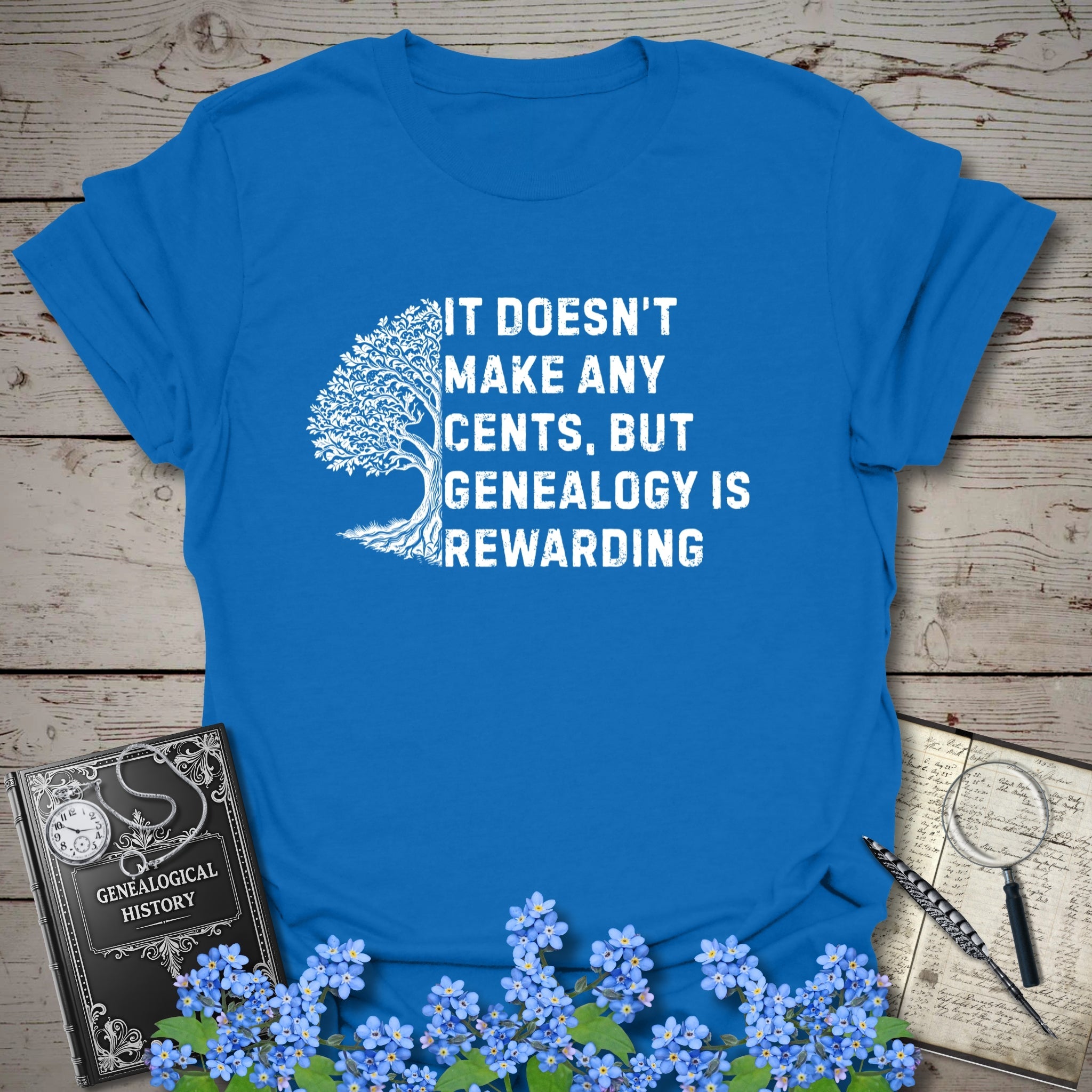 Genealogy Is Rewarding T-Shirt in Royal by Genealogy Keepsakes