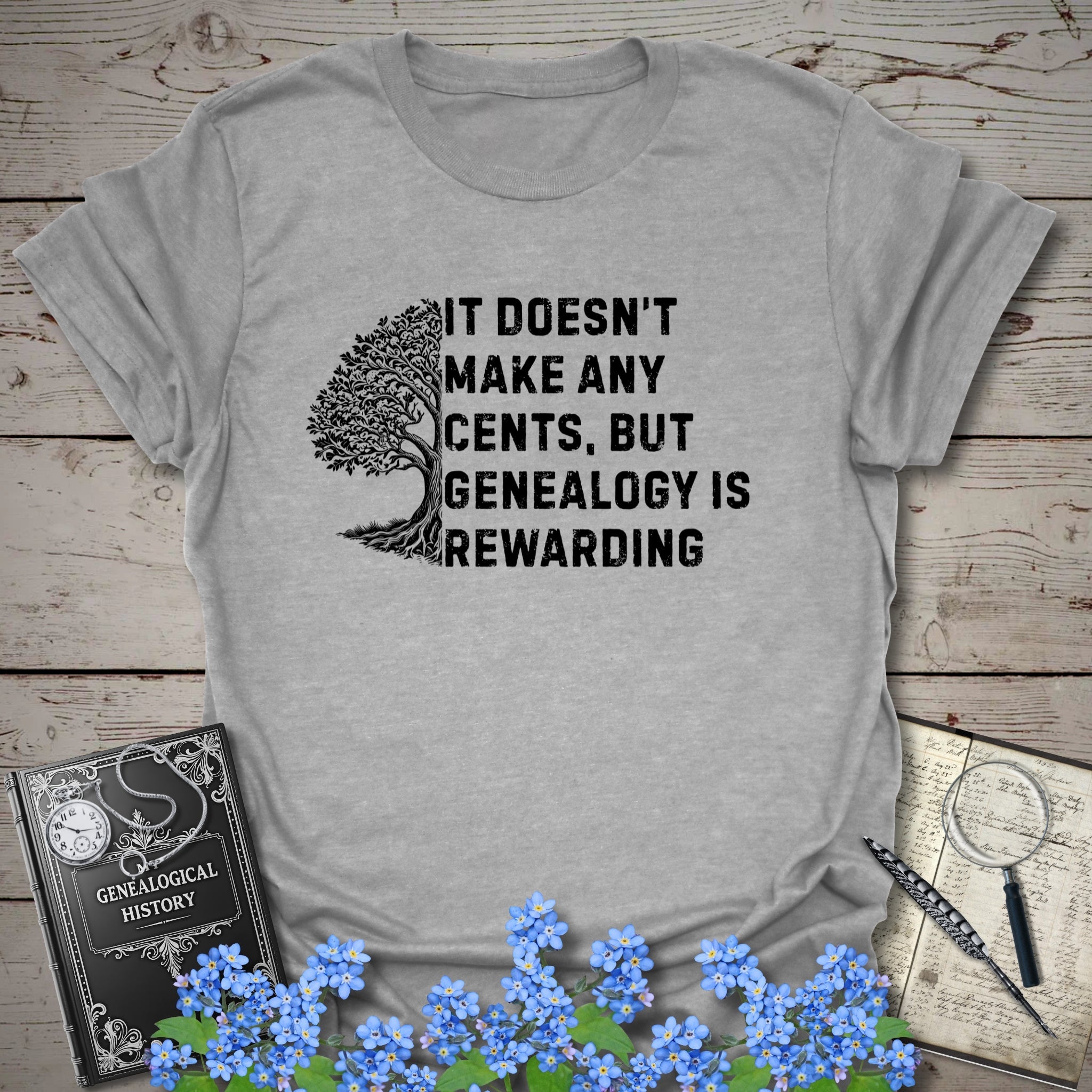 Genealogy Is Rewarding T-Shirt in Sport Grey by Genealogy Keepsakes