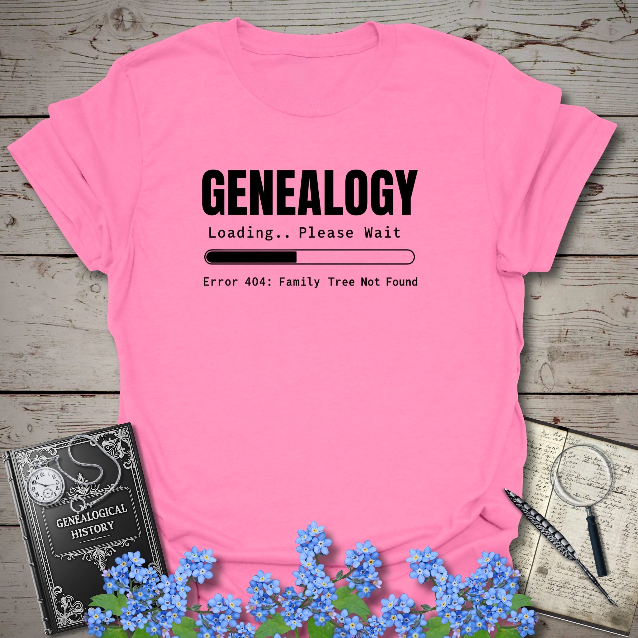 Genealogy Loading - Error 404 T-Shirt in Azalea by Genealogy Keepsakes