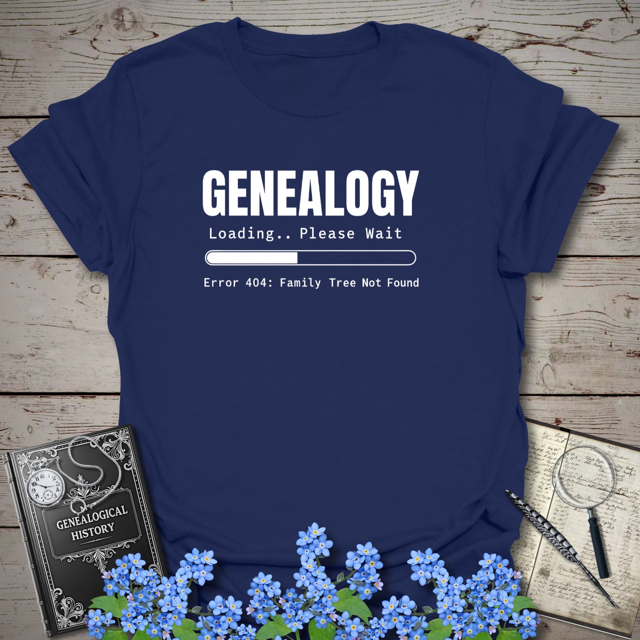 Genealogy Loading - Error 404 T-Shirt in Navy by Genealogy Keepsakes
