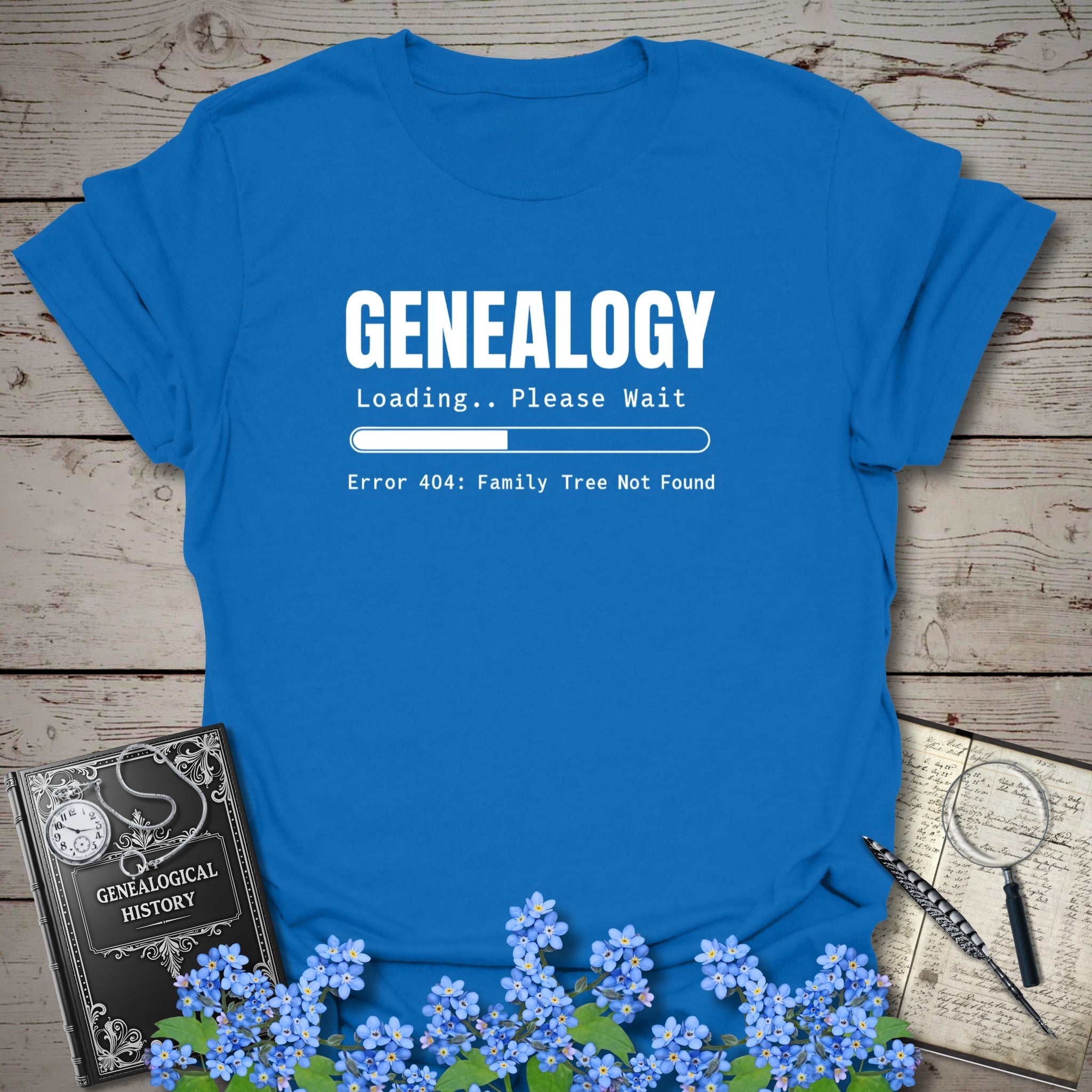 Genealogy Loading - Error 404 T-Shirt in Royal by Genealogy Keepsakes