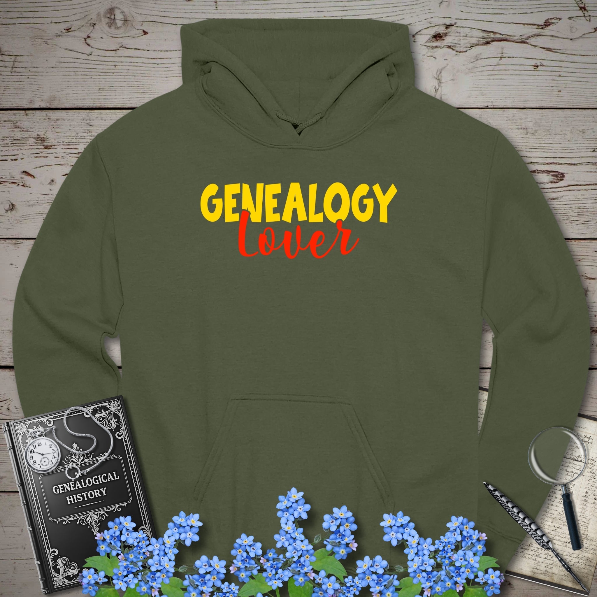 Genealogy Lover Hoodie in Military Green by Genealogy Keepsakes