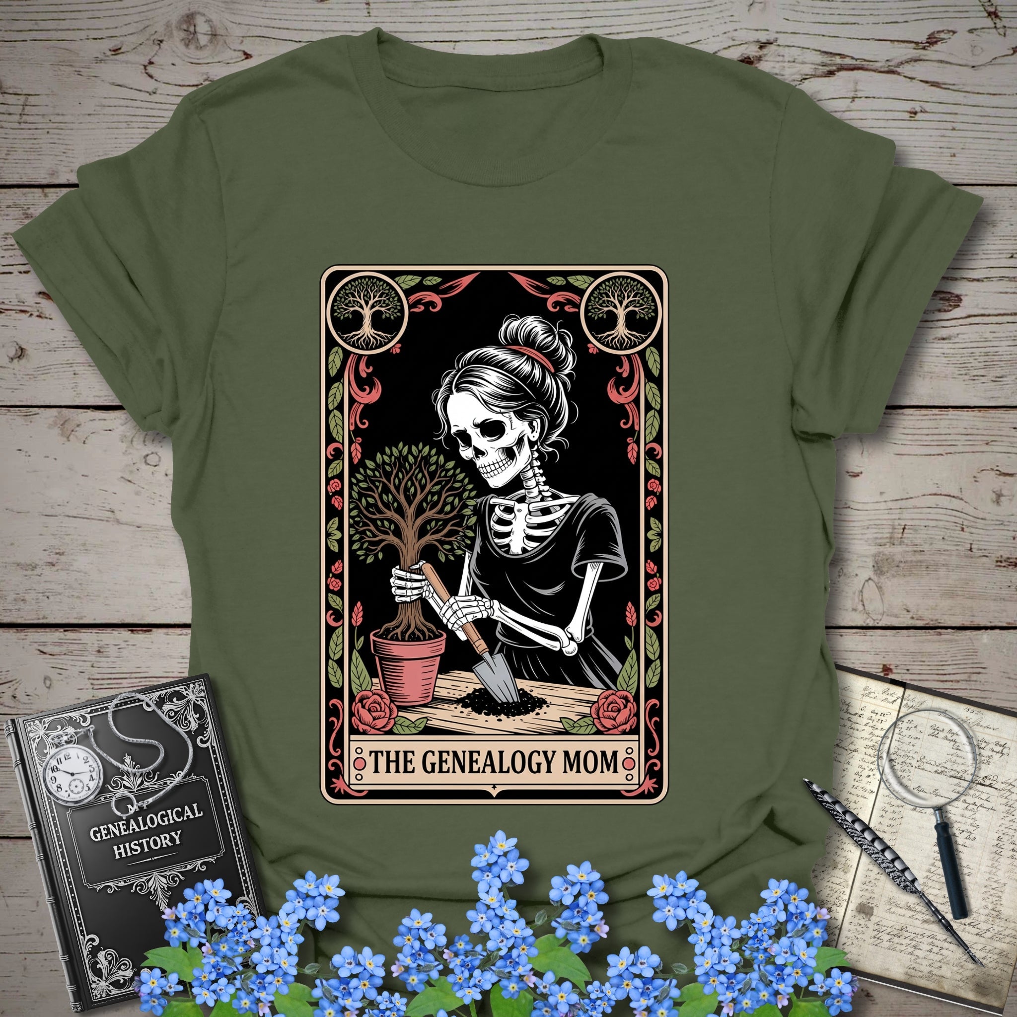 Genealogy Mom T-Shirt in Military Green by Genealogy Keepsakes
