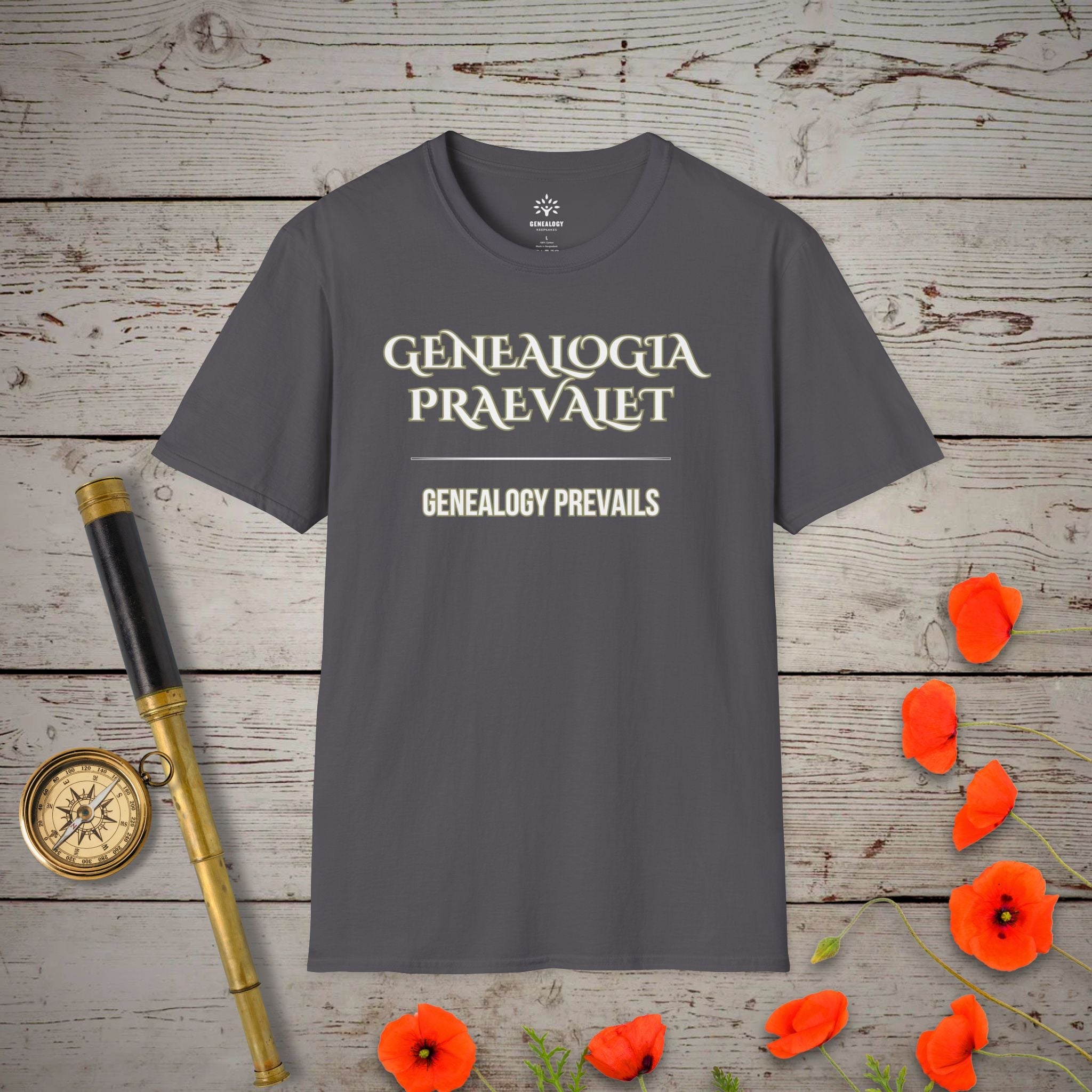 Genealogy Prevails T-Shirt in Charcoal by Genealogy Keepsakes