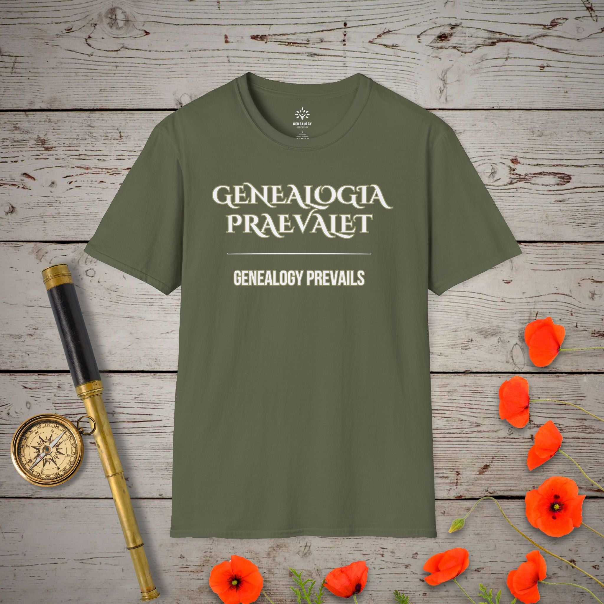 Genealogy Prevails T-Shirt in Military Green by Genealogy Keepsakes