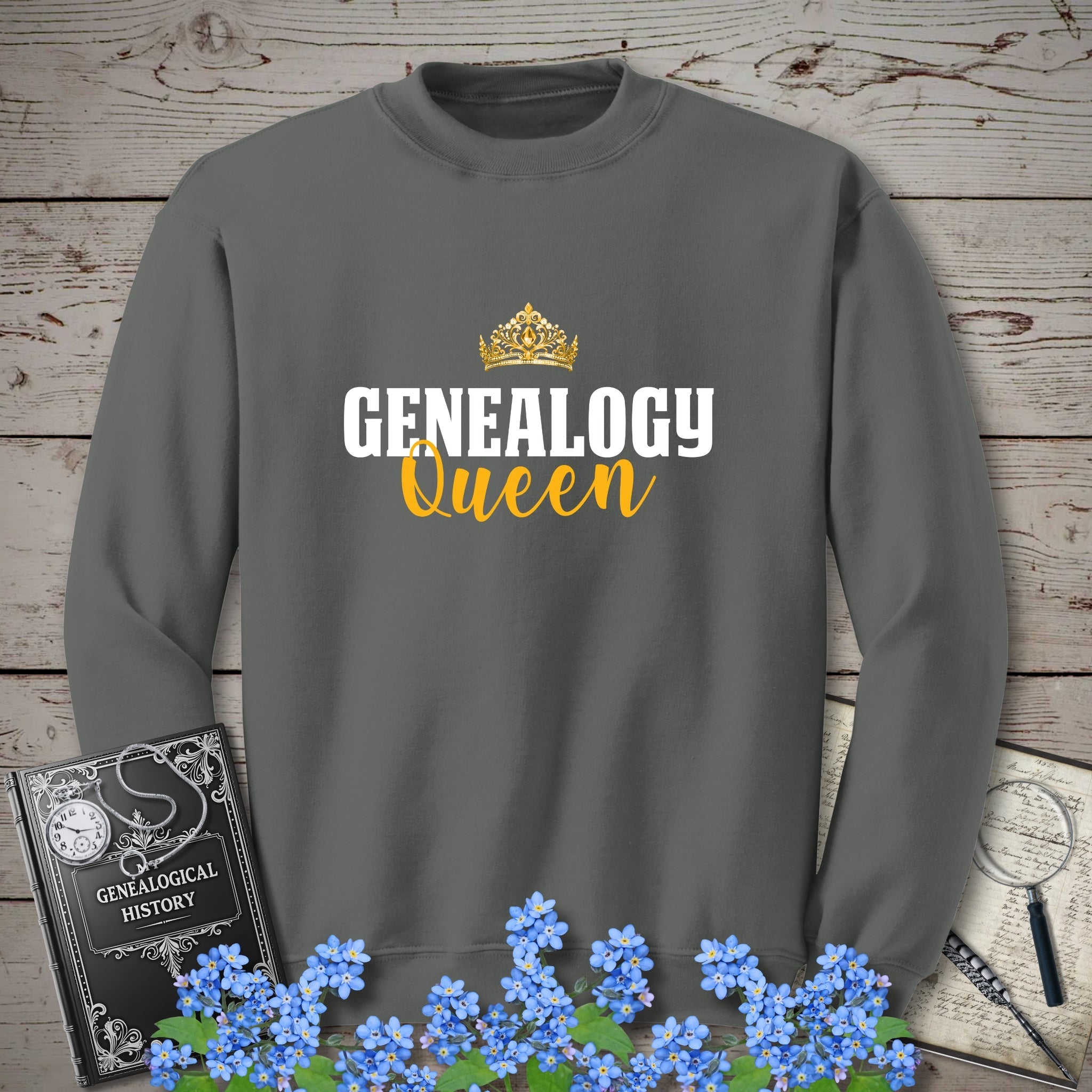 Genealogy Queen Sweatshirt in Charcoal by Genealogy Keepsakes