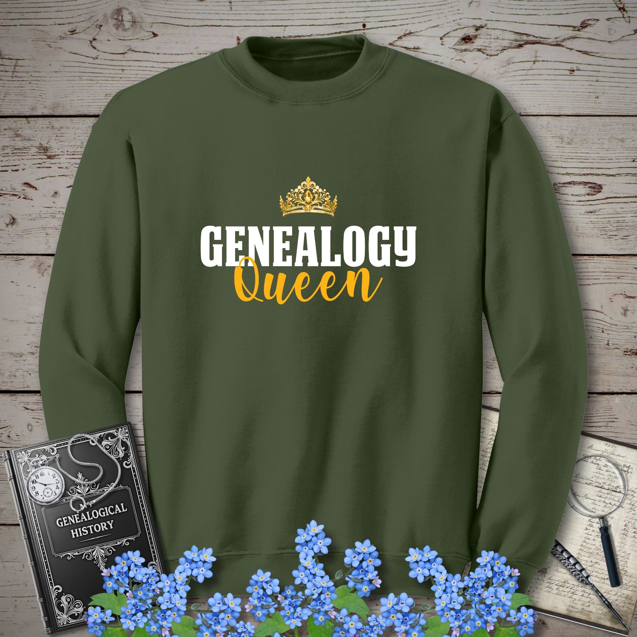 Genealogy Queen Sweatshirt in Military Green by Genealogy Keepsakes