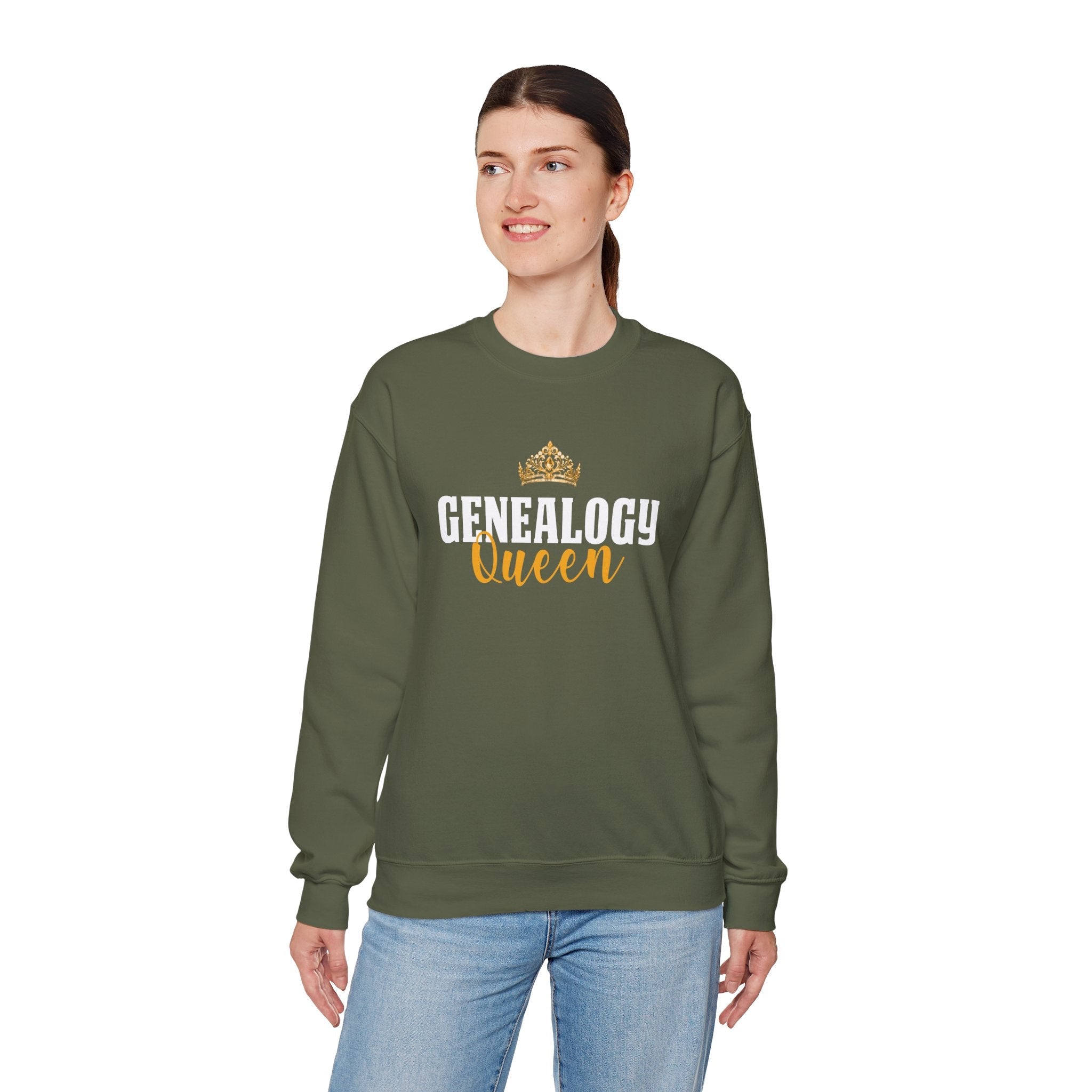 Genealogy Queen Sweatshirt in Military Green by Genealogy Keepsakes