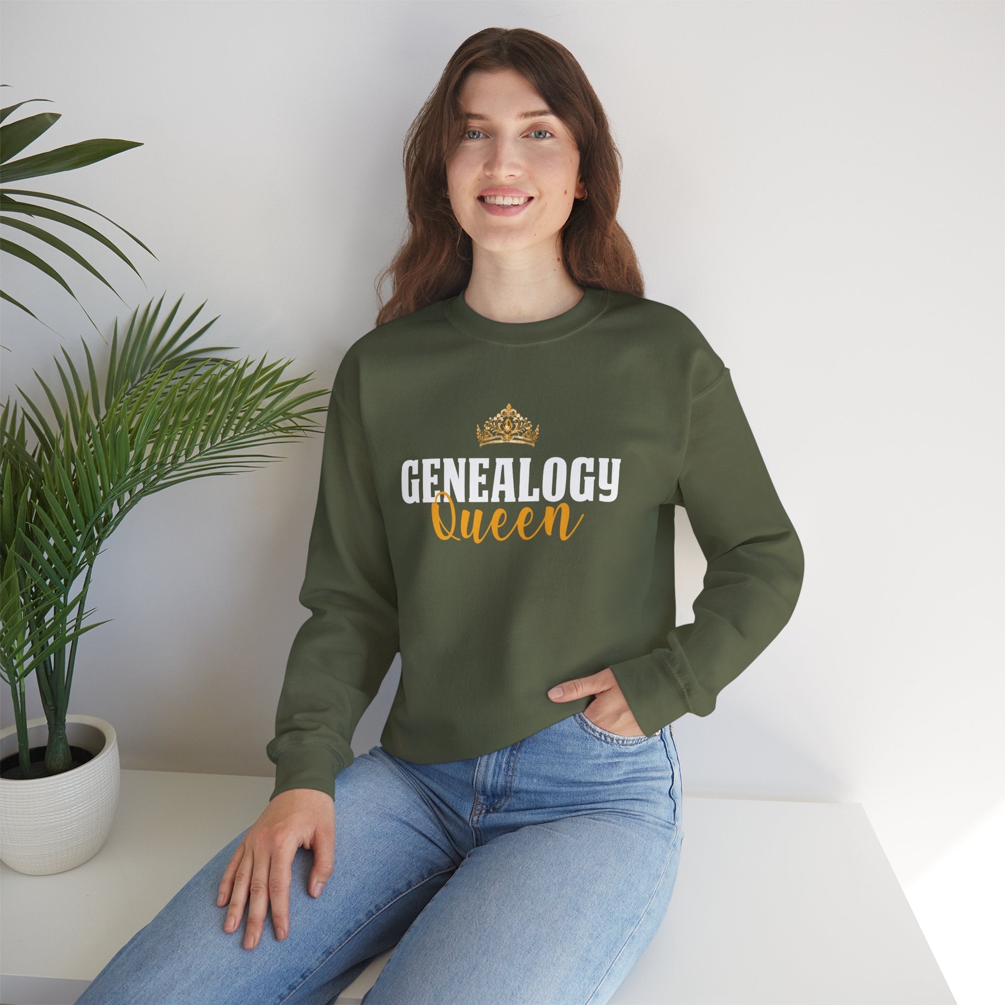 Genealogy Queen Sweatshirt in Military Green by Genealogy Keepsakes