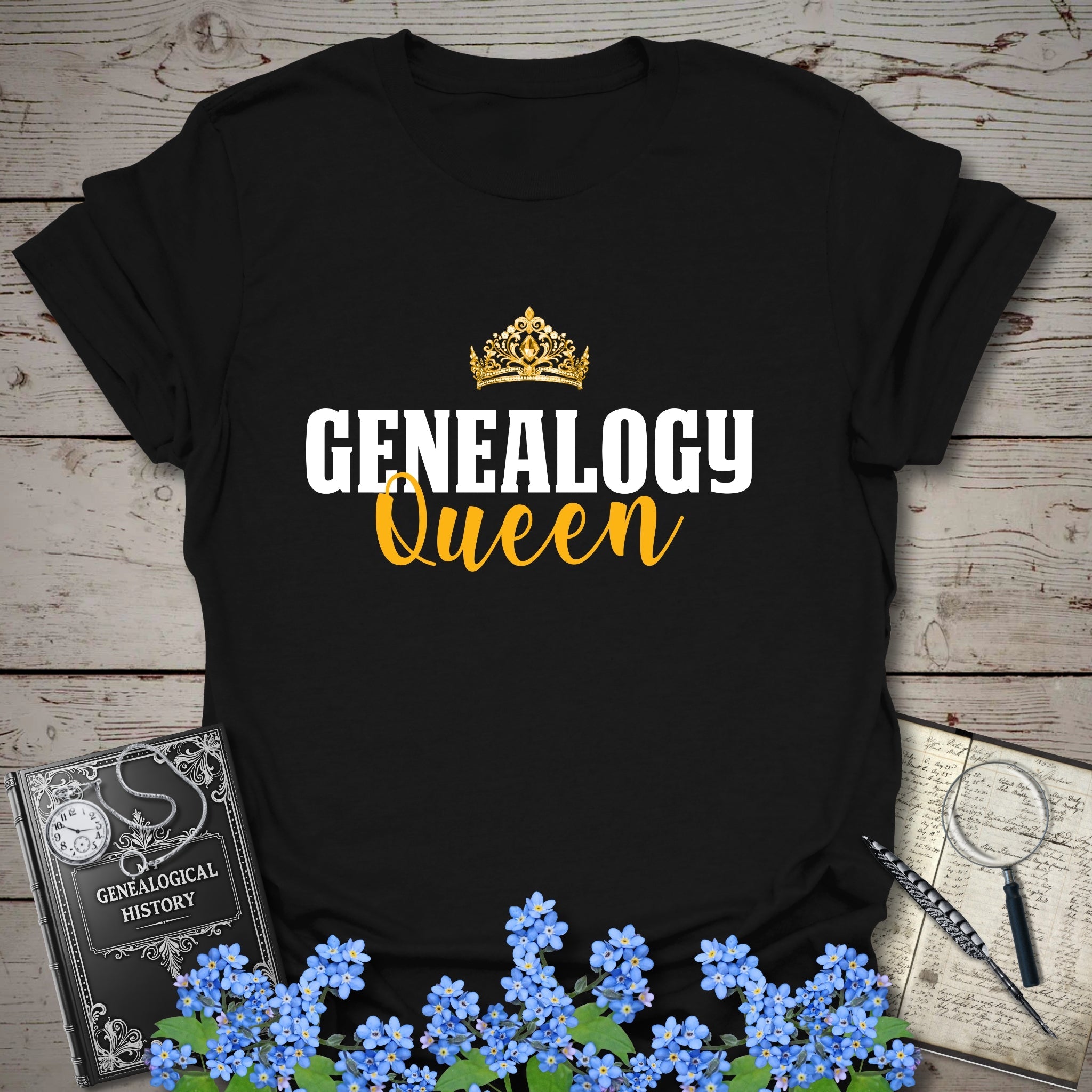 Genealogy Queen T-Shirt in Black by Genealogy Keepsakes