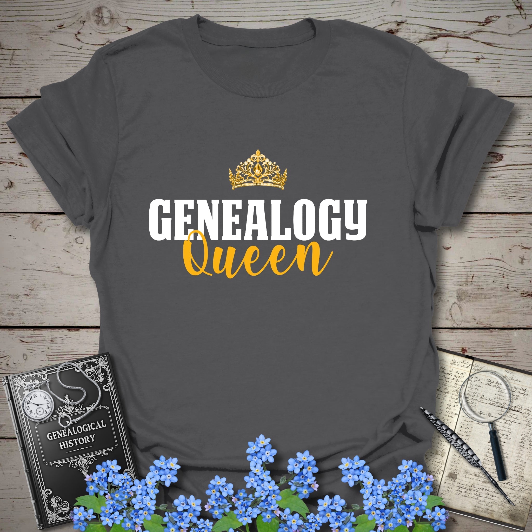 Genealogy Queen T-Shirt in Charcoal by Genealogy Keepsakes