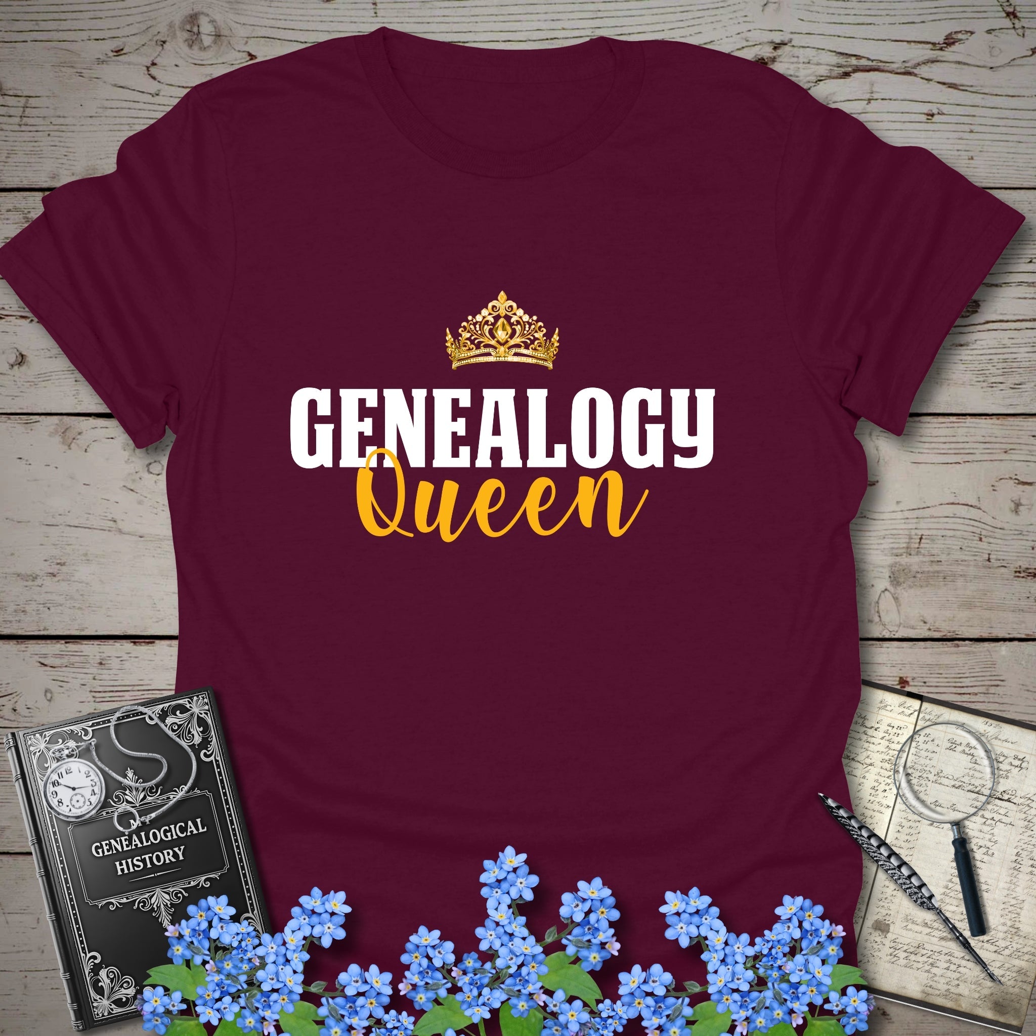 Genealogy Queen T-Shirt in Maroon by Genealogy Keepsakes