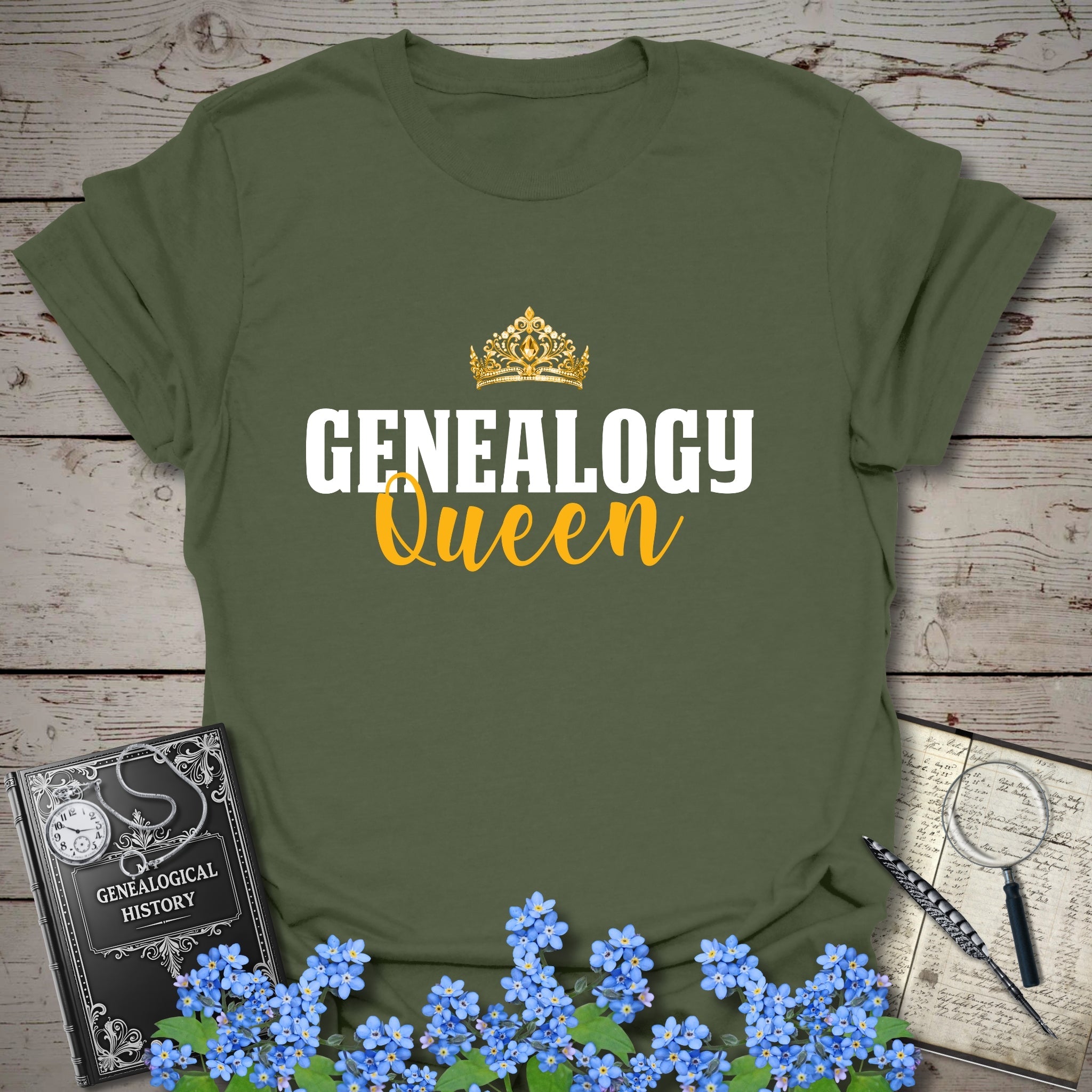 Genealogy Queen T-Shirt in Military Green by Genealogy Keepsakes