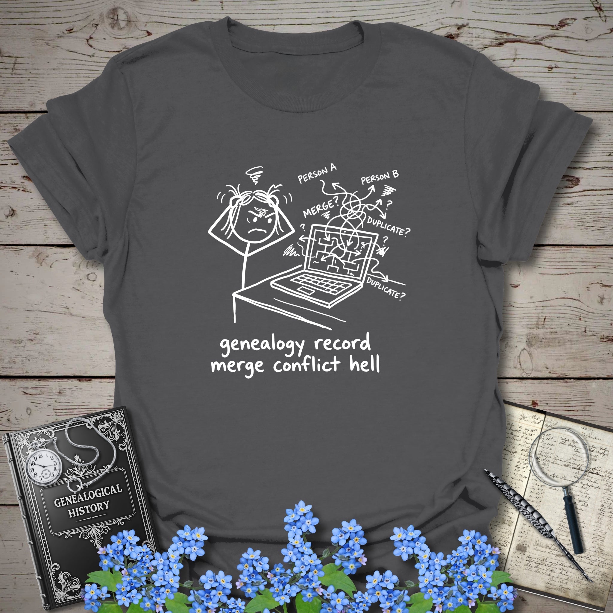 Genealogy Record Merge Conflict Hell T-Shirt in Charcoal by Genealogy Keepsakes