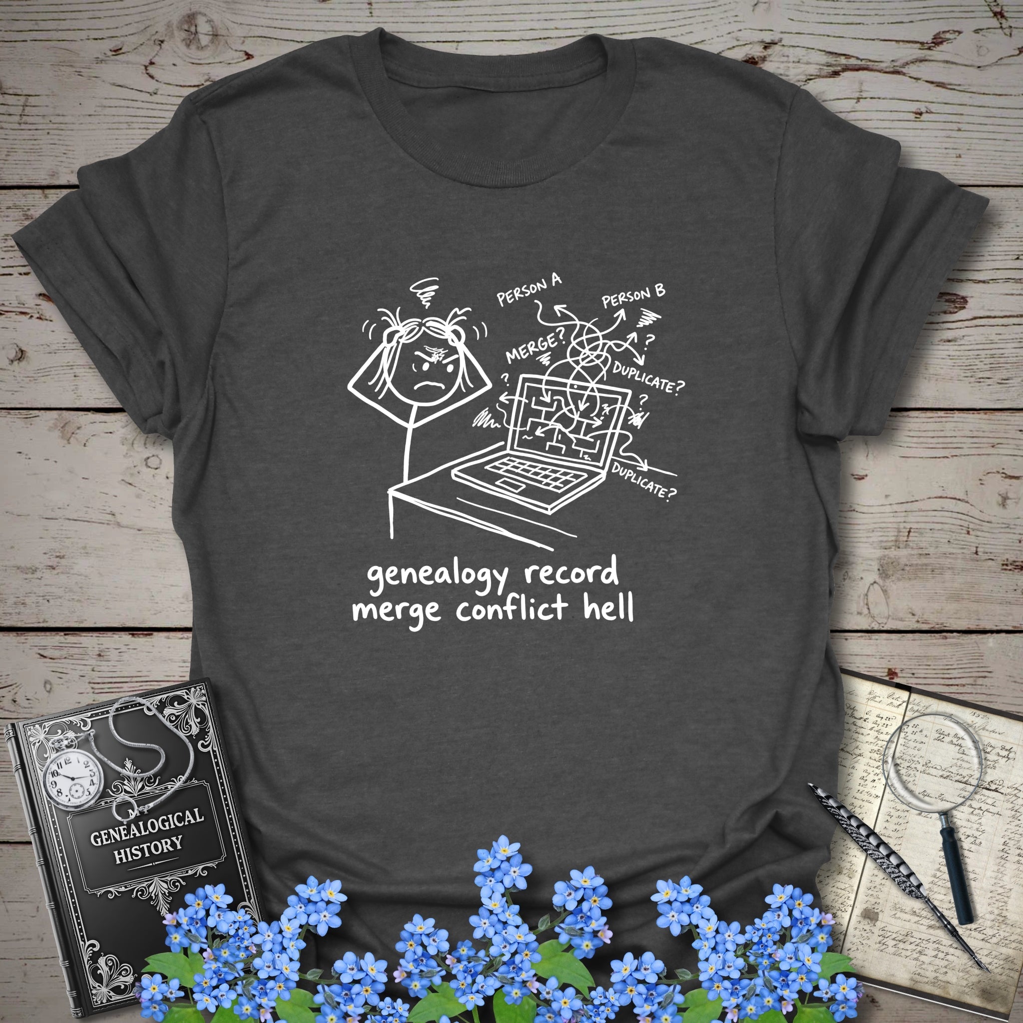 Genealogy Record Merge Conflict Hell T-Shirt in Dark Heather by Genealogy Keepsakes