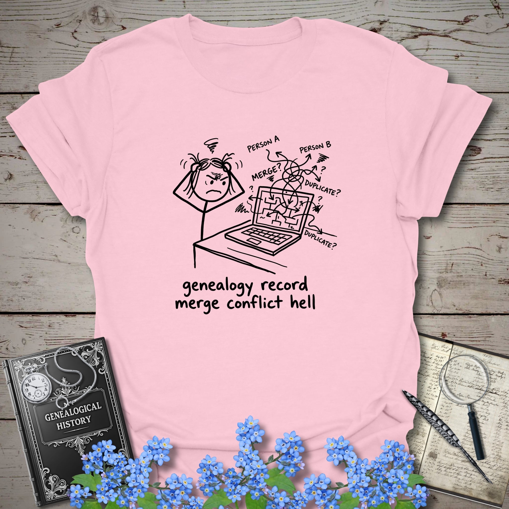 Genealogy Record Merge Conflict Hell T-Shirt in Light Pink by Genealogy Keepsakes