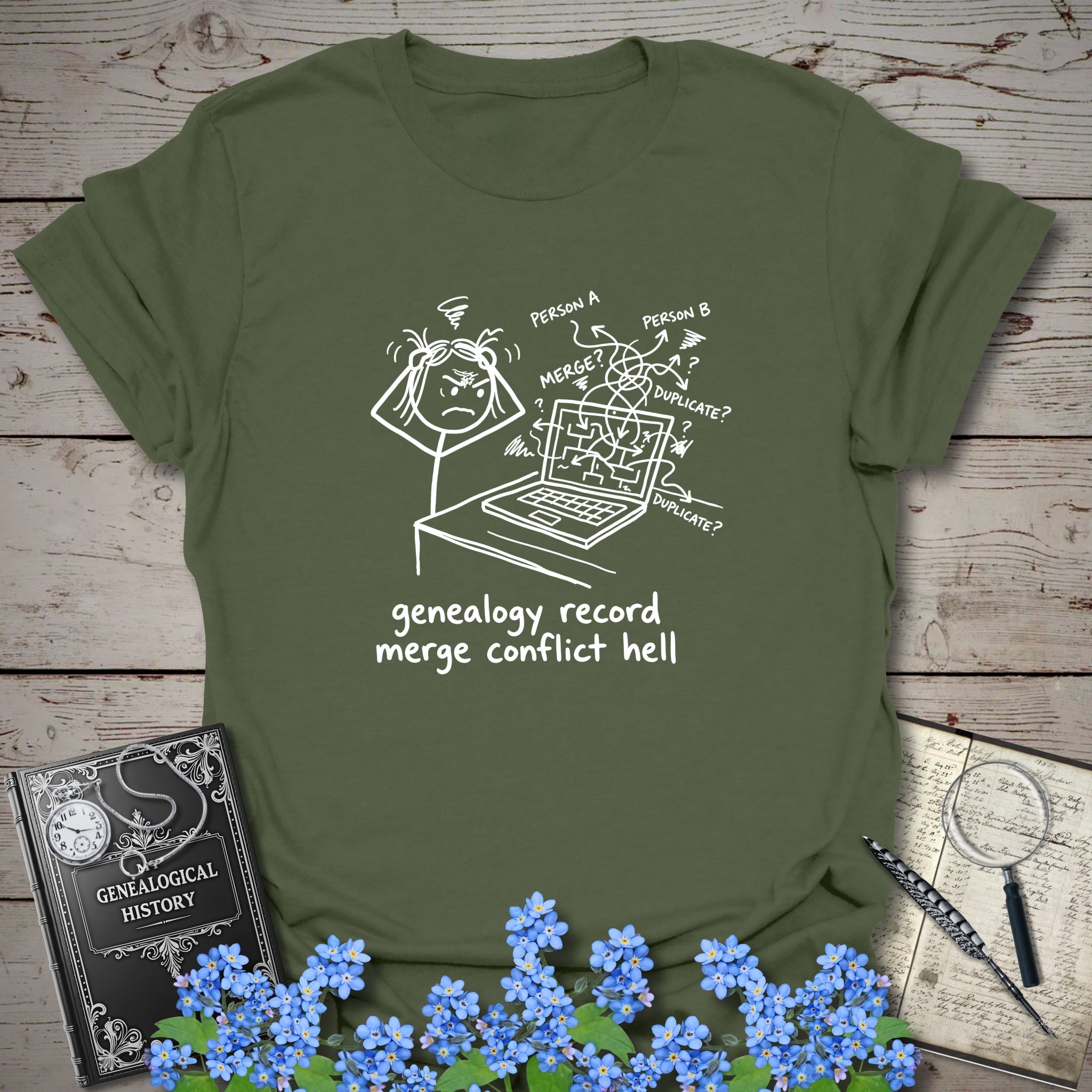 Genealogy Record Merge Conflict Hell T-Shirt in Military Green by Genealogy Keepsakes