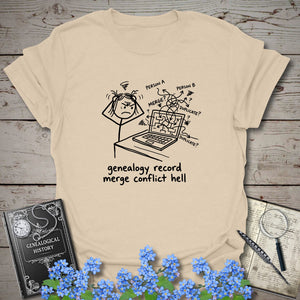 Genealogy Record Merge Conflict Hell T-Shirt in Natural by Genealogy Keepsakes