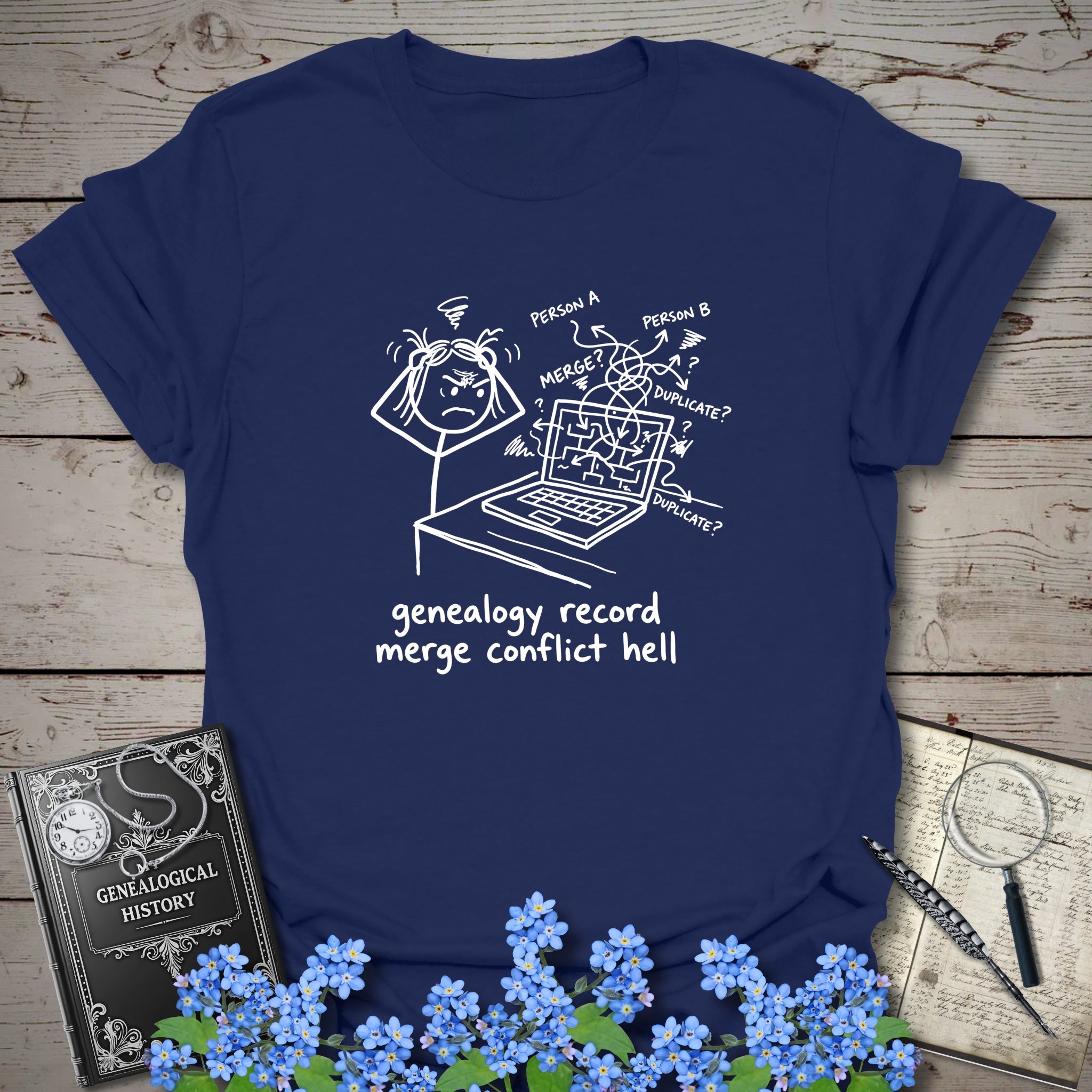 Genealogy Record Merge Conflict Hell T-Shirt in Navy by Genealogy Keepsakes