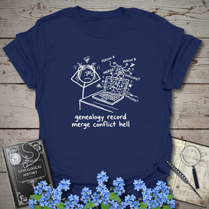 Genealogy Record Merge Conflict Hell T-Shirt in Navy by Genealogy Keepsakes