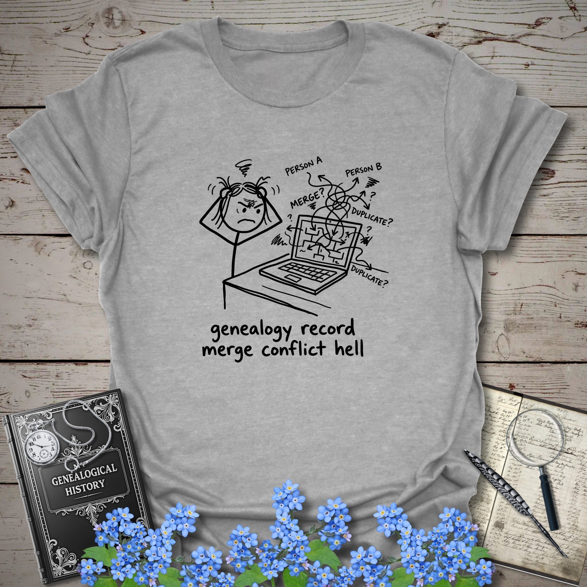 Genealogy Record Merge Conflict Hell T-Shirt in Sport Grey by Genealogy Keepsakes