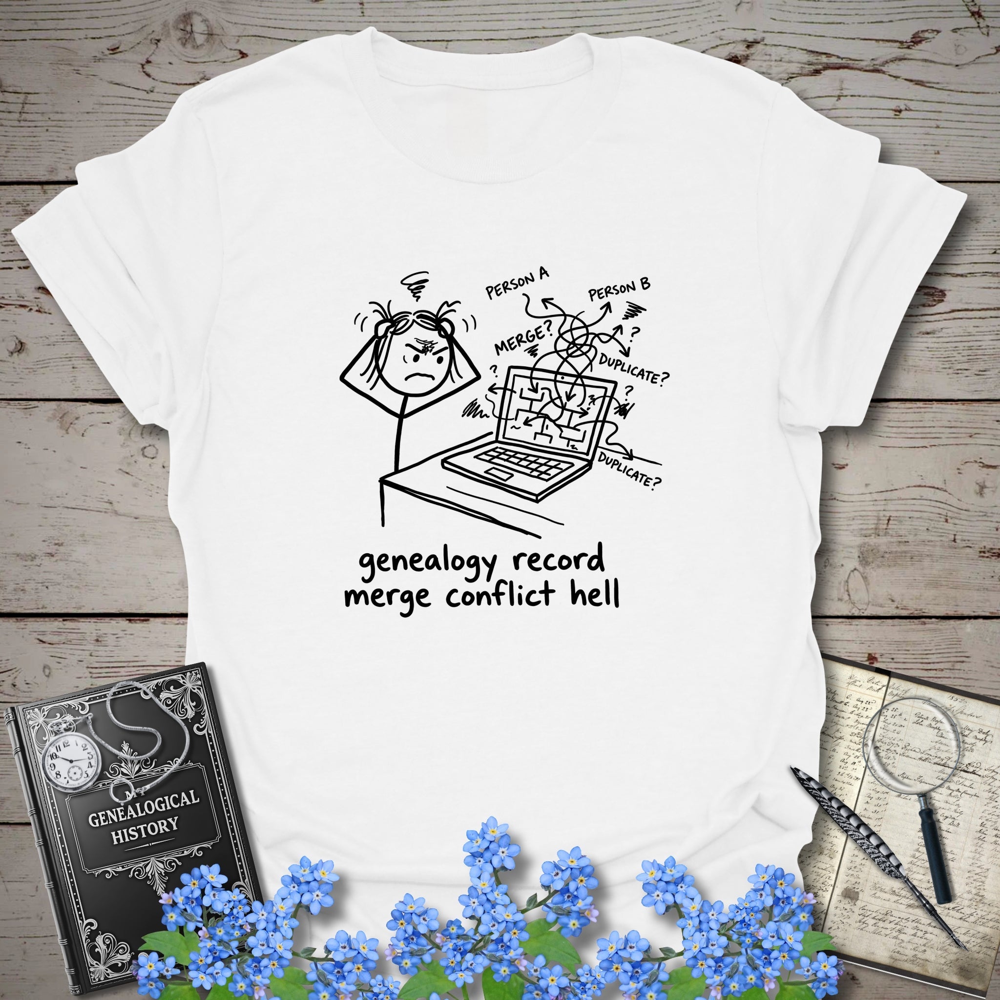 Genealogy Record Merge Conflict Hell T-Shirt in White by Genealogy Keepsakes