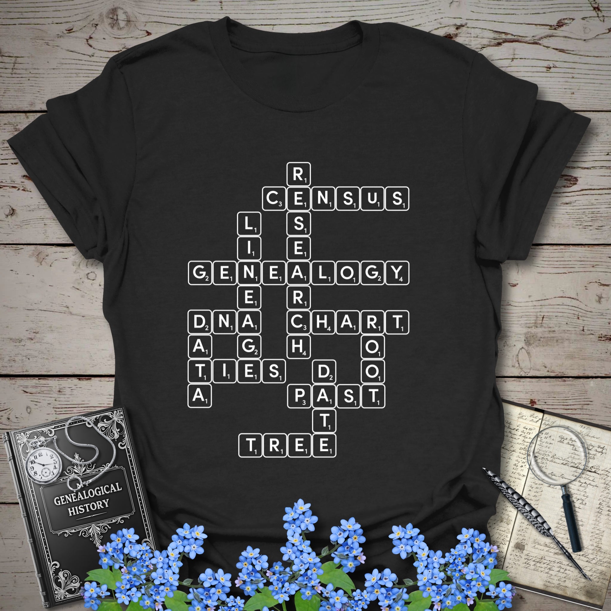 Genealogy Scrabble T-Shirt in Black by Genealogy Keepsakes