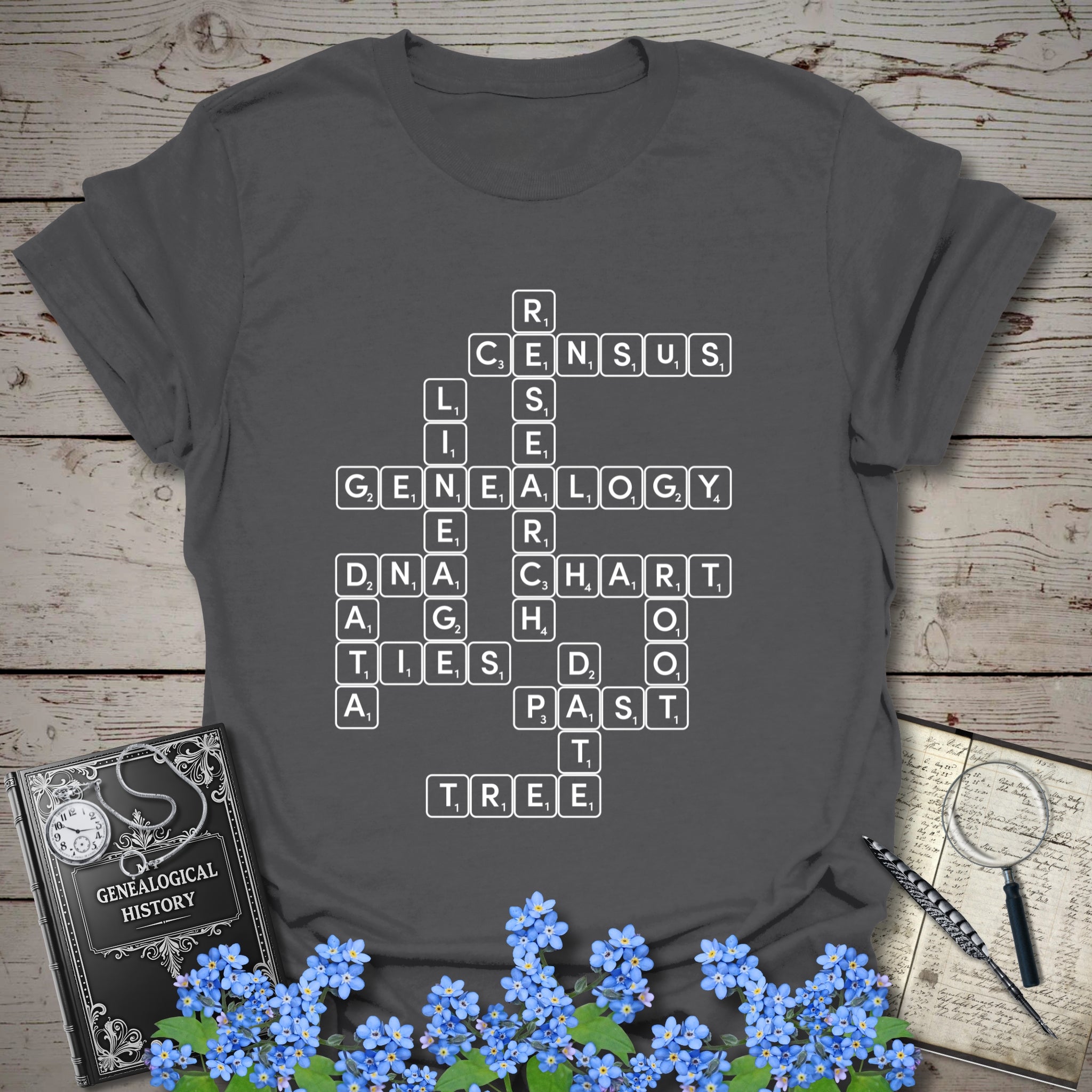 Genealogy Scrabble T-Shirt in Charcoal by Genealogy Keepsakes
