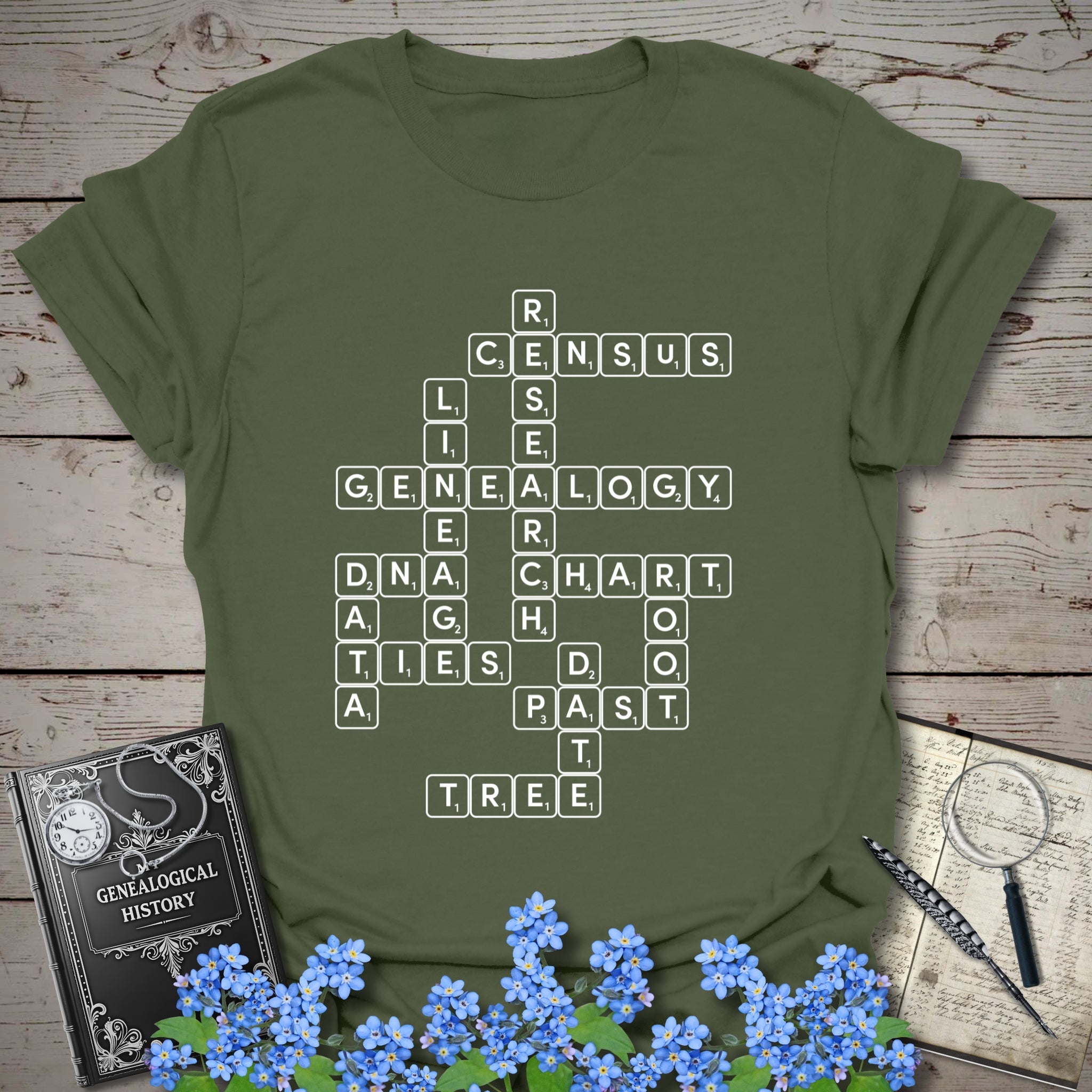 Genealogy Scrabble T-Shirt in Military Green by Genealogy Keepsakes