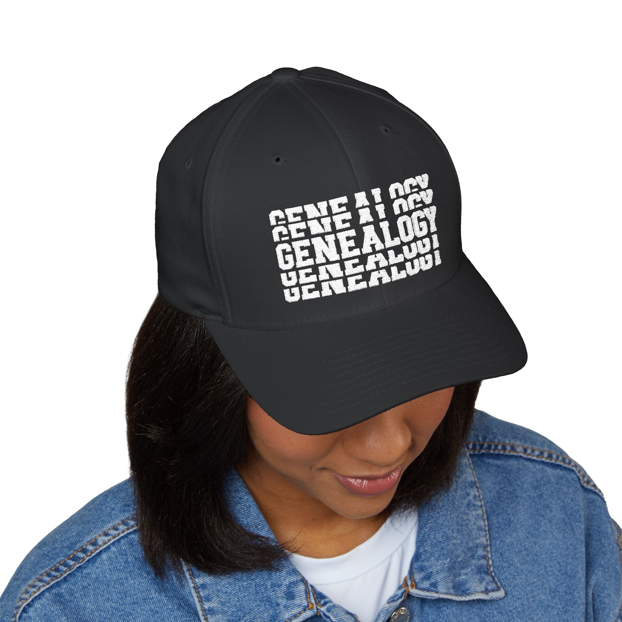 Genealogy Stacked Embroidered Cap in Black by Genealogy Keepsakes