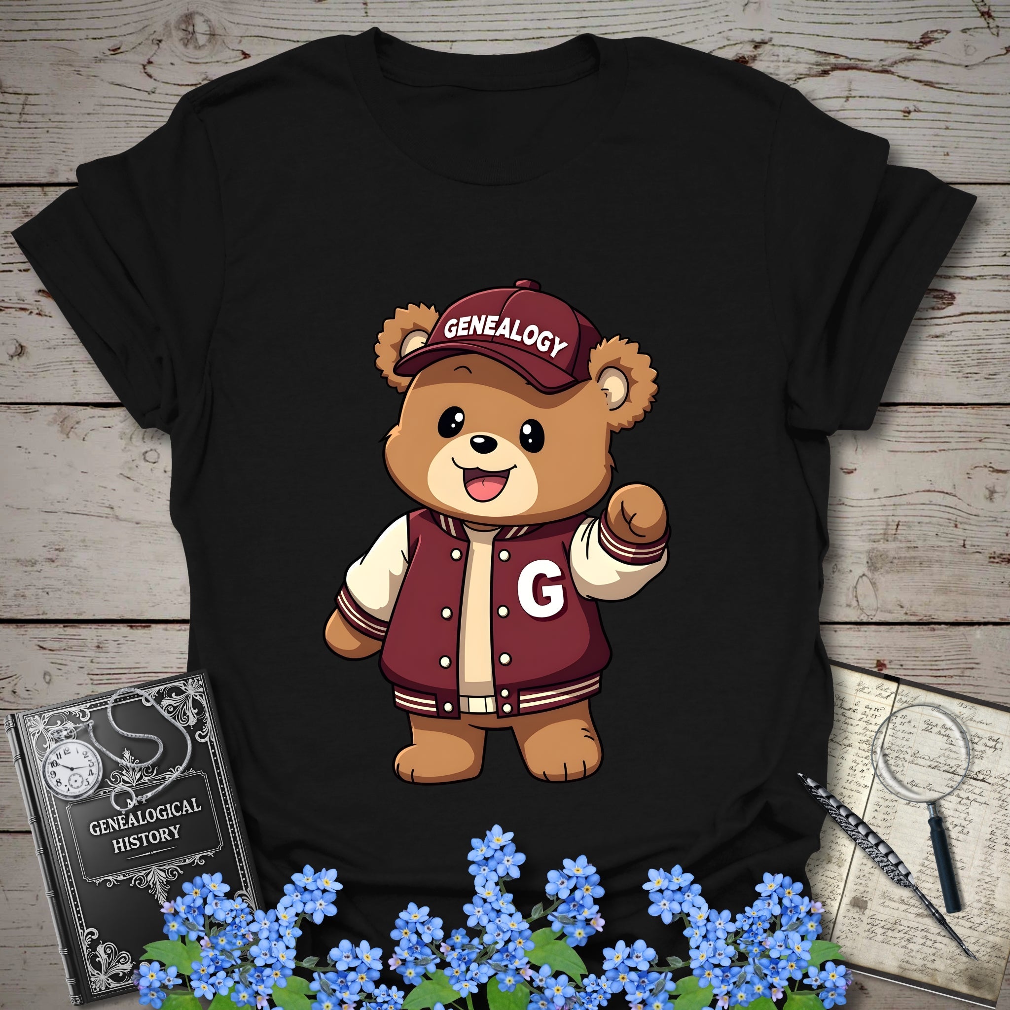 Genealogy Teddy Bear T-Shirt in Black by Genealogy Keepsakes