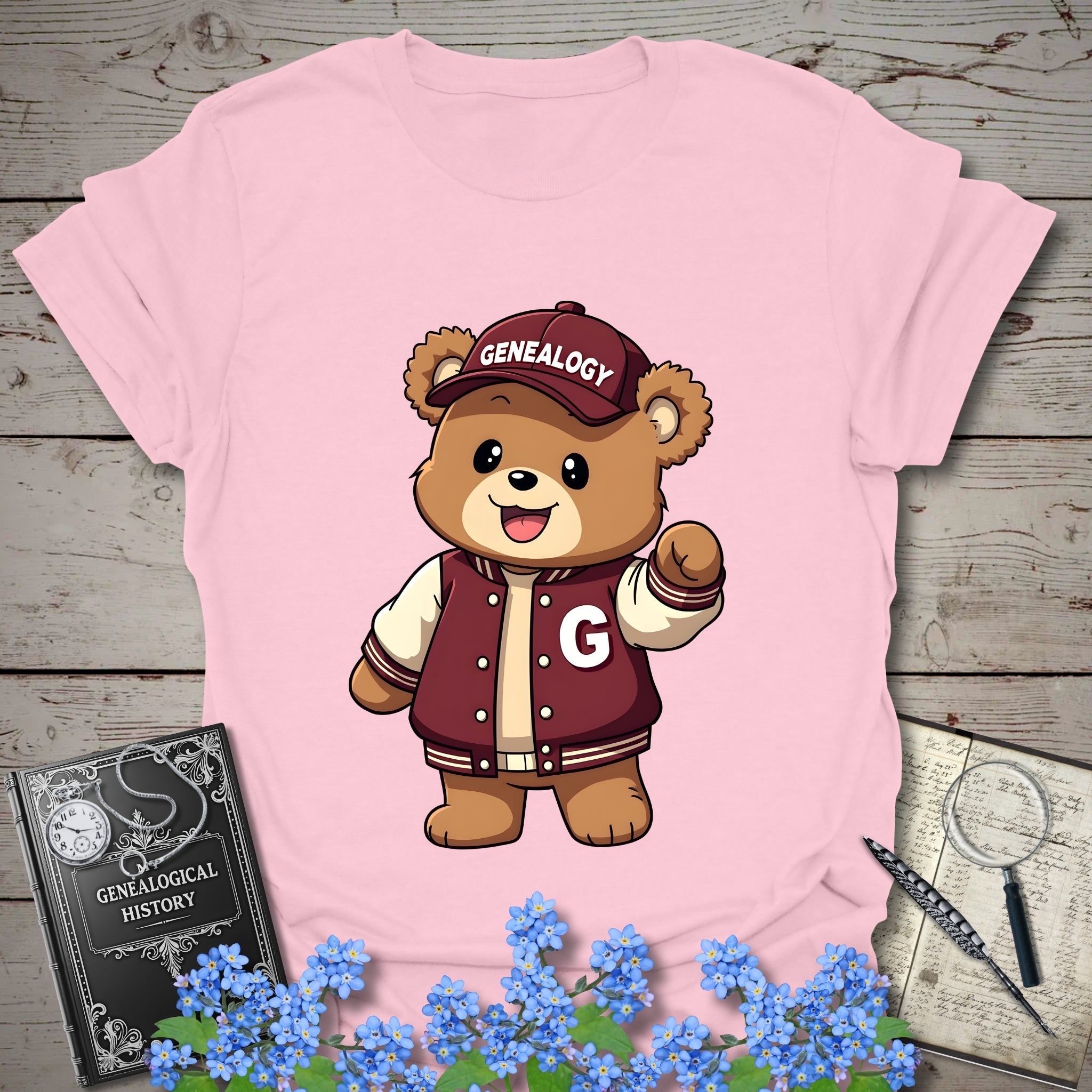 Genealogy Teddy Bear T-Shirt in Light Pink by Genealogy Keepsakes