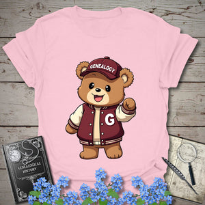 Genealogy Teddy Bear T-Shirt in Light Pink by Genealogy Keepsakes