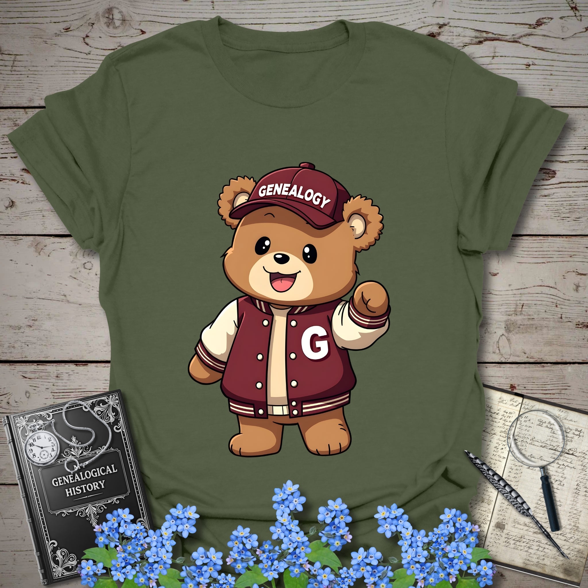 Genealogy Teddy Bear T-Shirt in Military Green by Genealogy Keepsakes