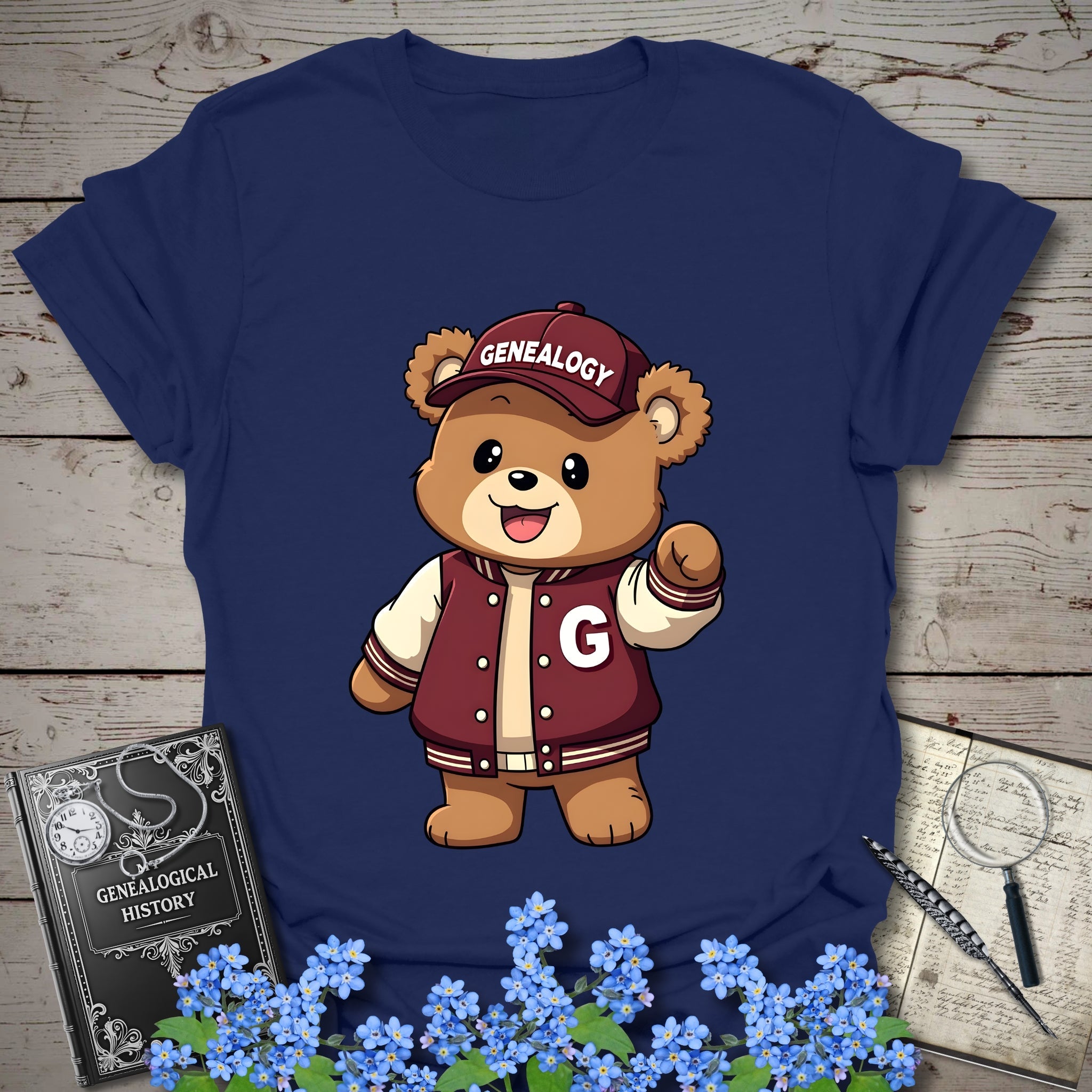 Genealogy Teddy Bear T-Shirt in Navy by Genealogy Keepsakes
