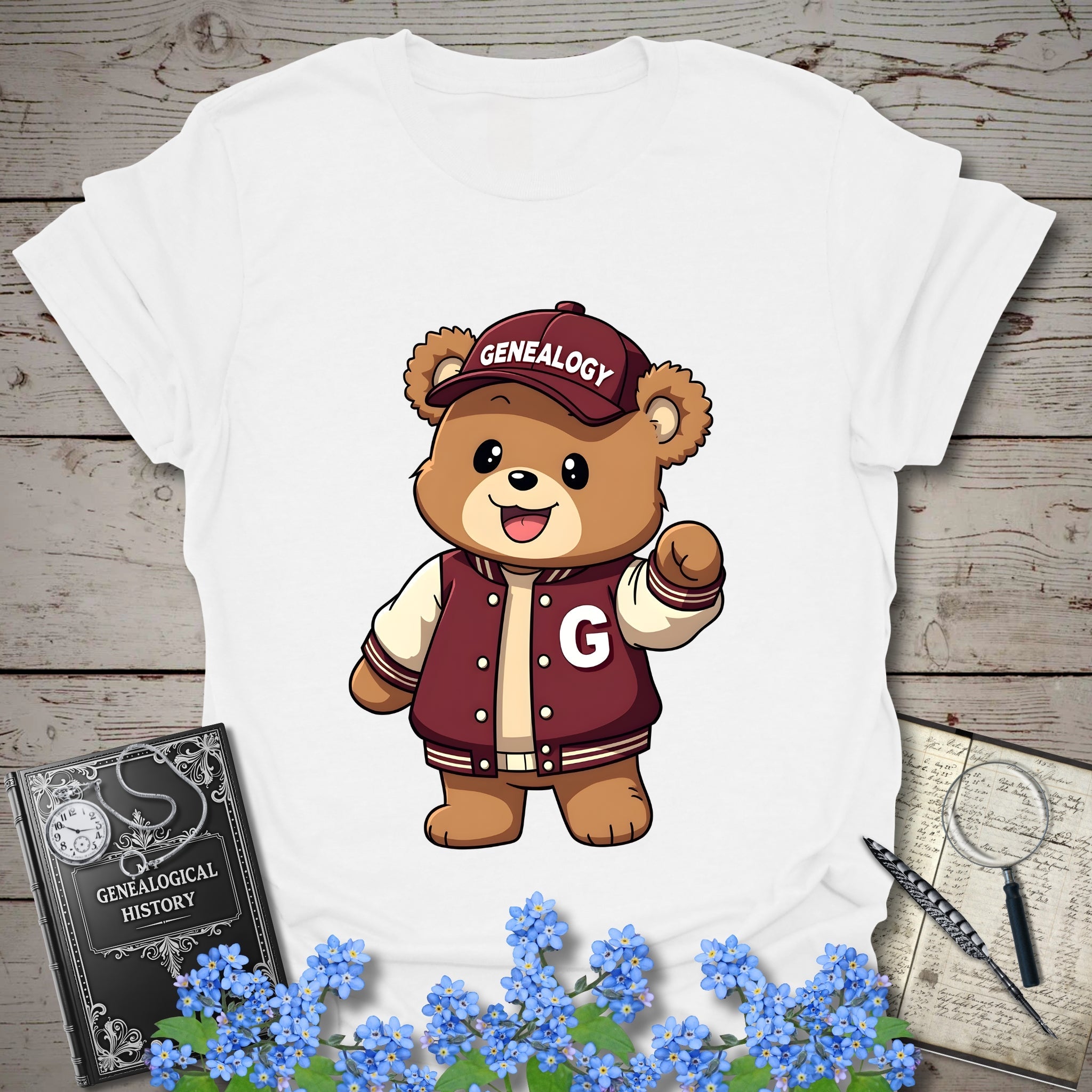 Genealogy Teddy Bear T-Shirt in White by Genealogy Keepsakes