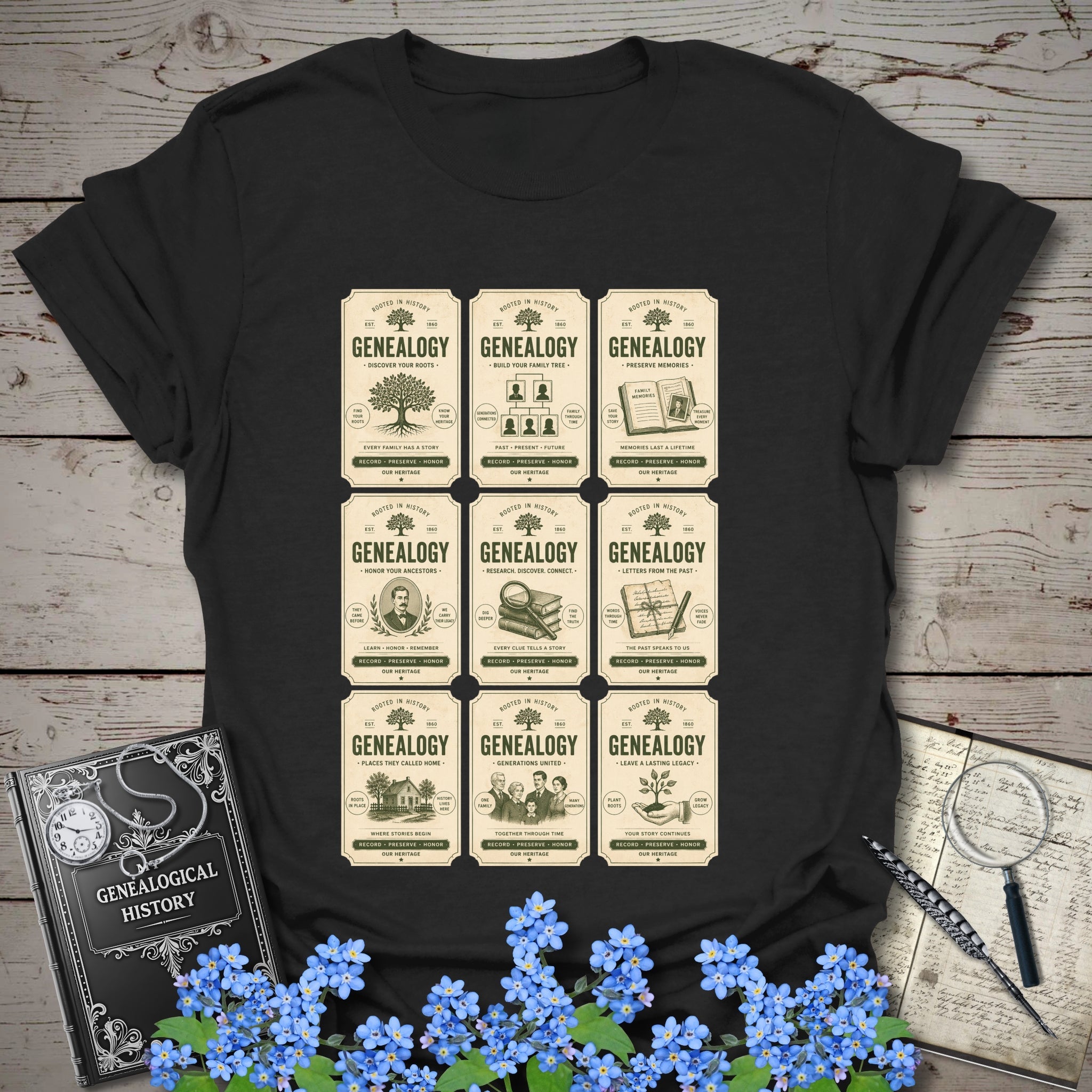Genealogy Vintage Label Grid T-Shirt in Black by Genealogy Keepsakes
