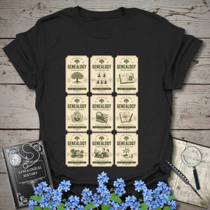 Genealogy Vintage Label Grid T-Shirt in Black by Genealogy Keepsakes