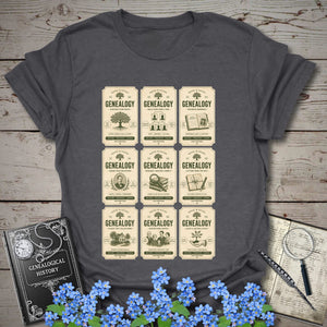 Genealogy Vintage Label Grid T-Shirt in Dark Heather Grey by Genealogy Keepsakes