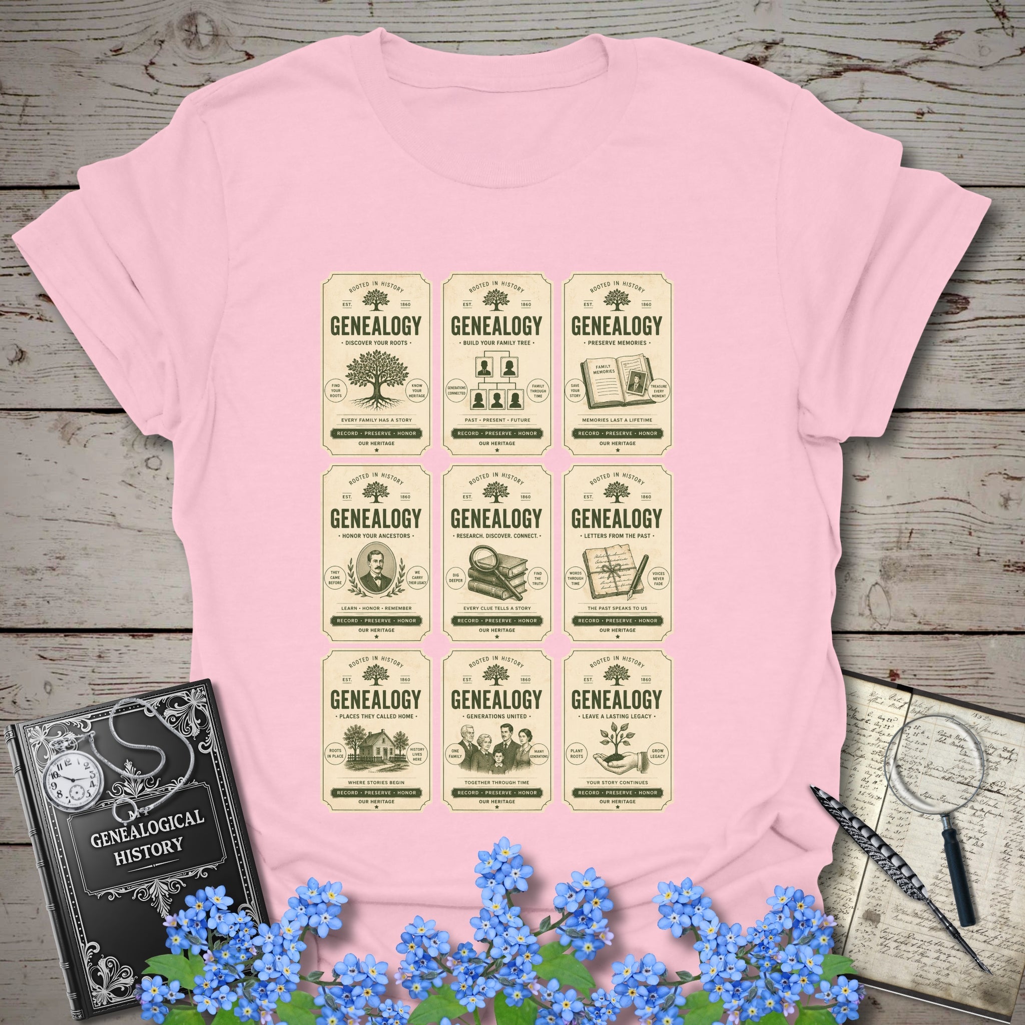 Genealogy Vintage Label Grid T-Shirt in Light Pink by Genealogy Keepsakes