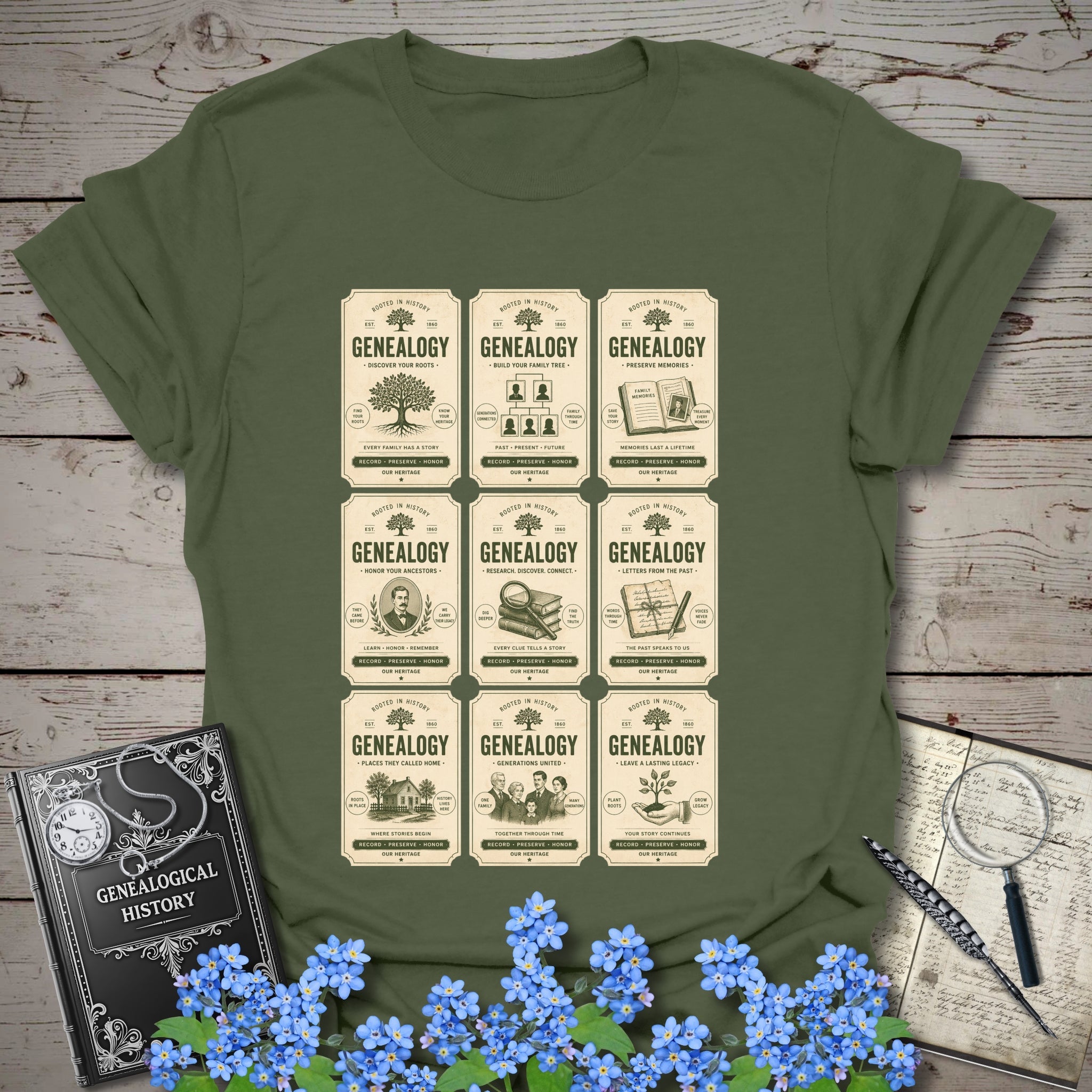 Genealogy Vintage Label Grid T-Shirt in Military Green by Genealogy Keepsakes