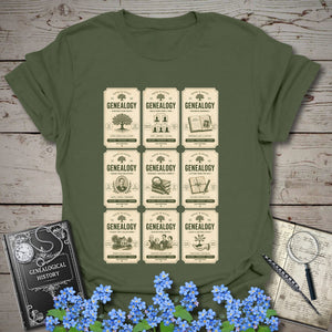 Genealogy Vintage Label Grid T-Shirt in Military Green by Genealogy Keepsakes