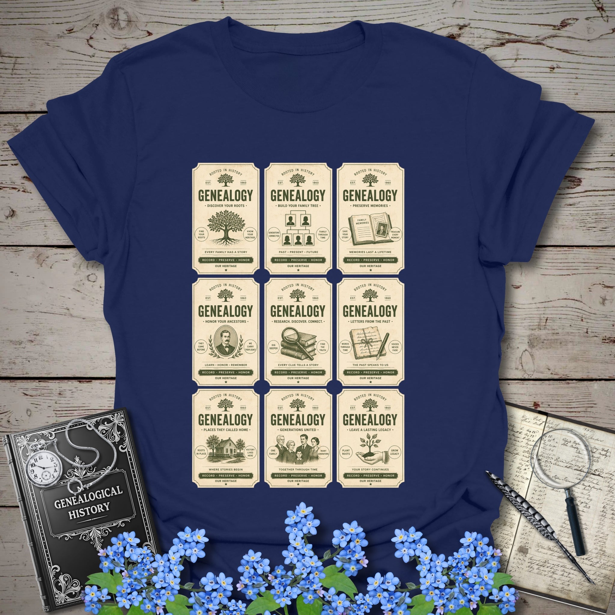 Genealogy Vintage Label Grid T-Shirt in Navy by Genealogy Keepsakes