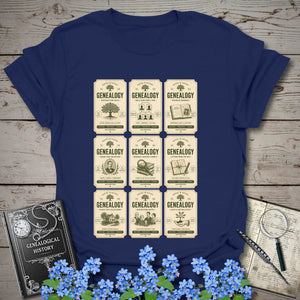 Genealogy Vintage Label Grid T-Shirt in Navy by Genealogy Keepsakes