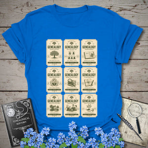 Genealogy Vintage Label Grid T-Shirt in Royal by Genealogy Keepsakes