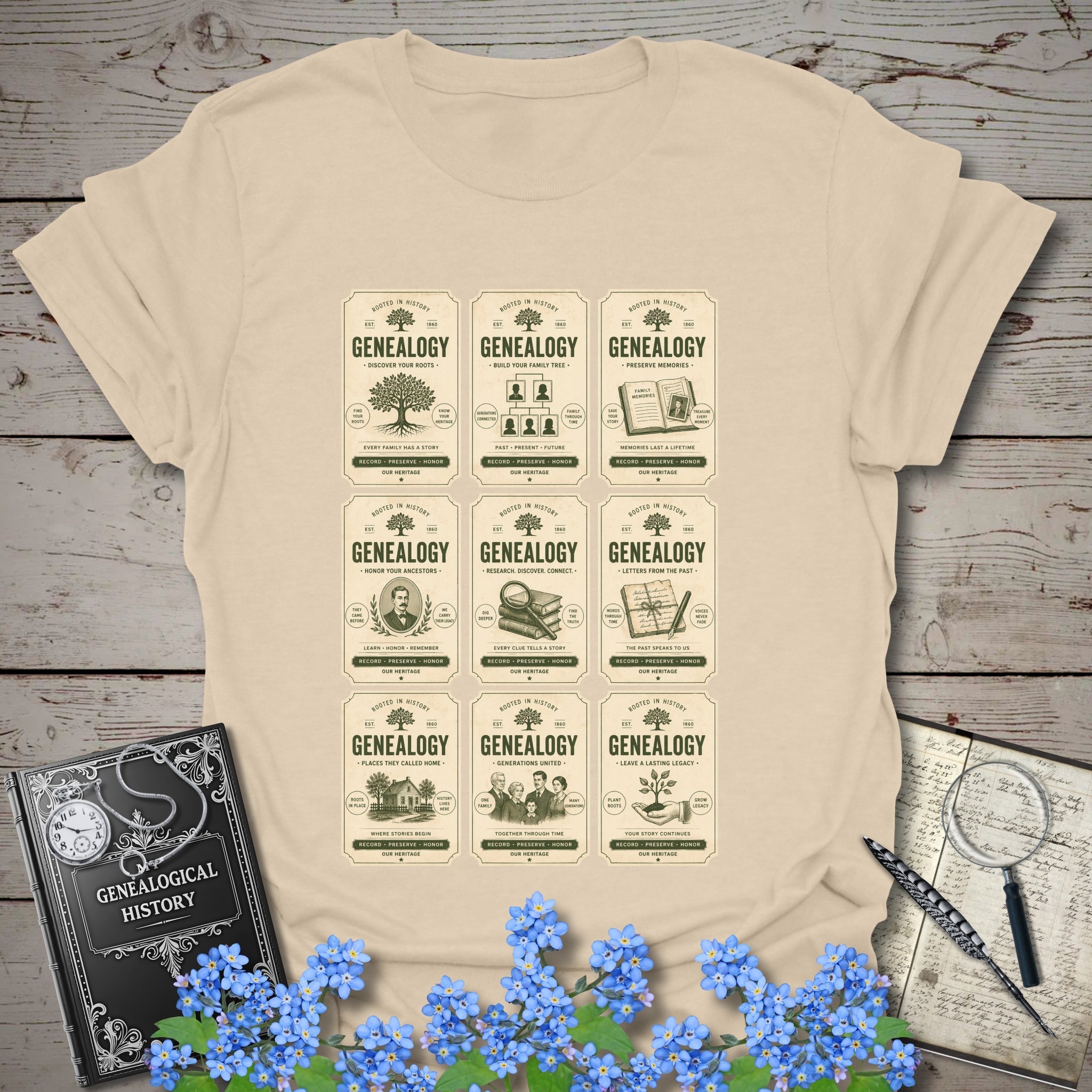 Genealogy Vintage Label Grid T-Shirt in Sand by Genealogy Keepsakes