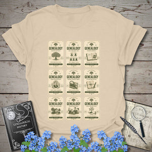 Genealogy Vintage Label Grid T-Shirt in Sand by Genealogy Keepsakes