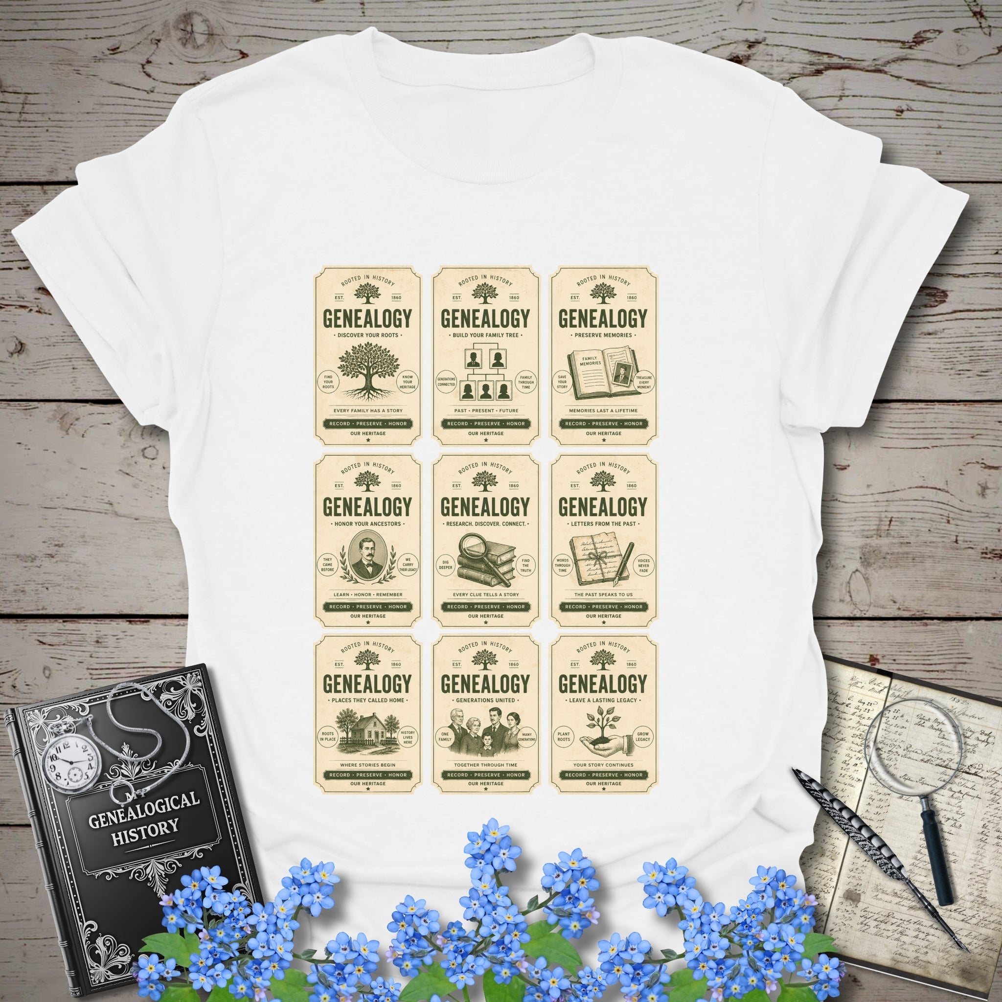 Genealogy Vintage Label Grid T-Shirt in White by Genealogy Keepsakes
